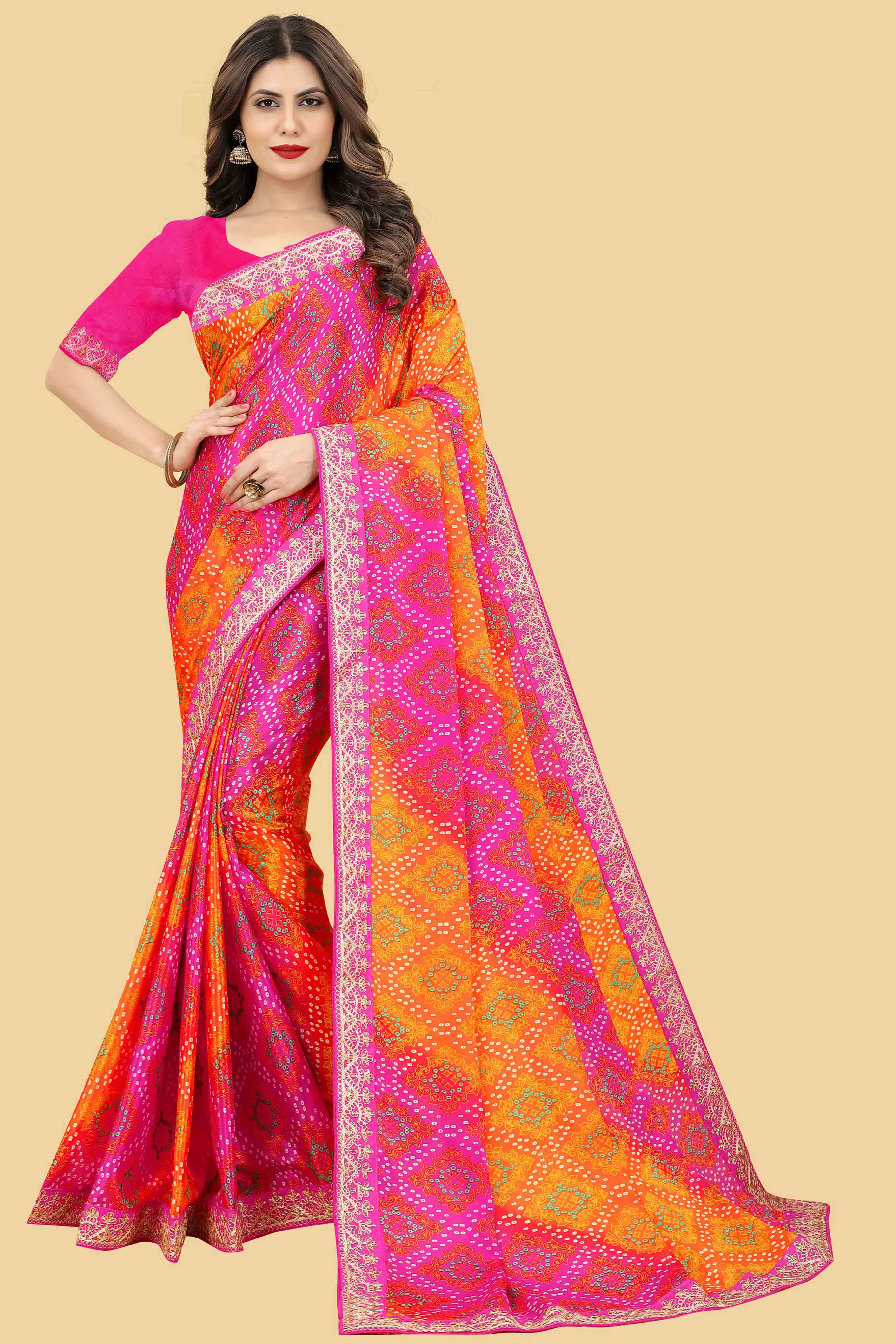 Pink & Orange Bandhani Printed Chinon Saree - Image 3