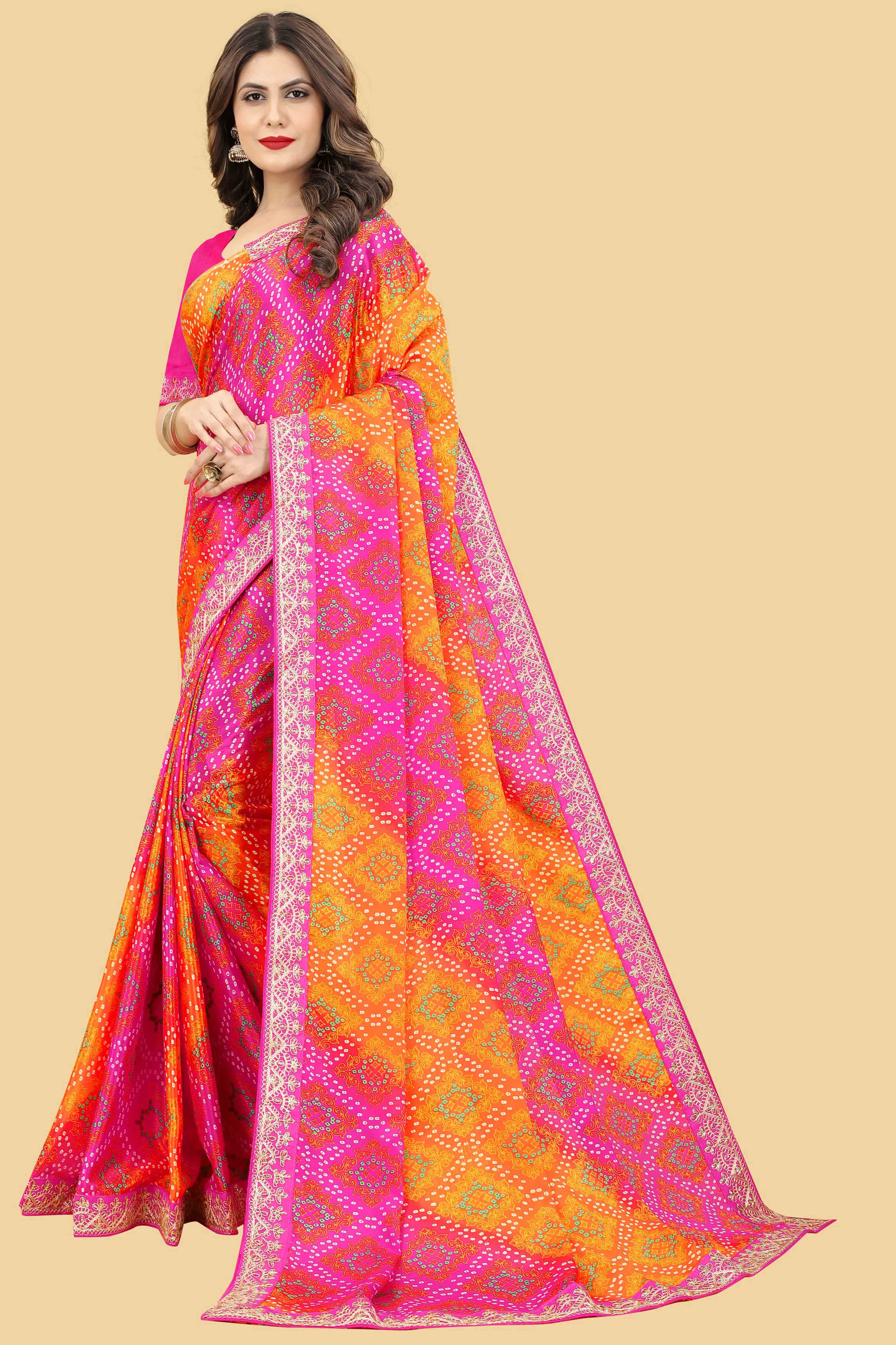 Pink & Orange Bandhani Printed Chinon Saree - Image 4