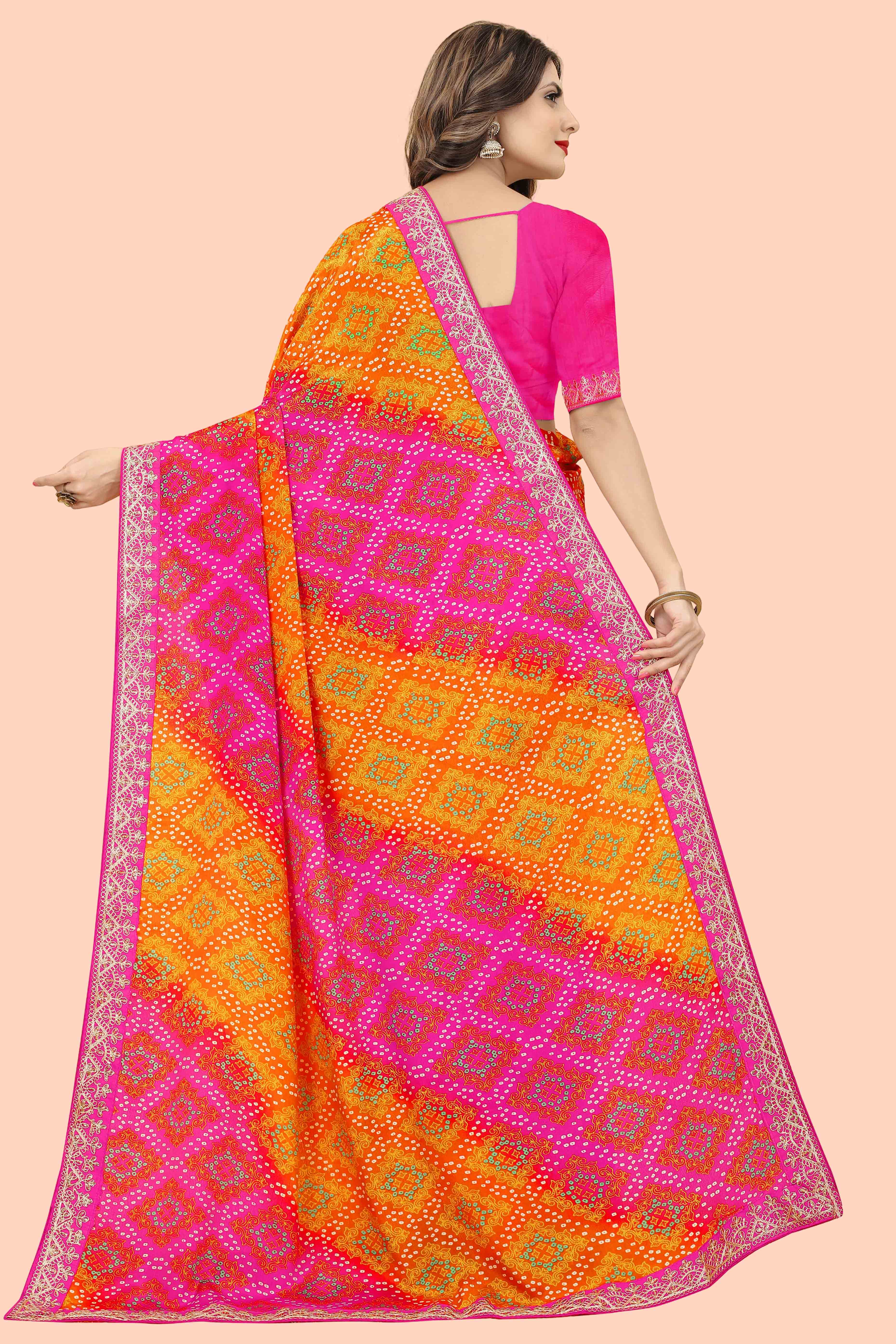 Pink & Orange Bandhani Printed Chinon Saree - Image 5