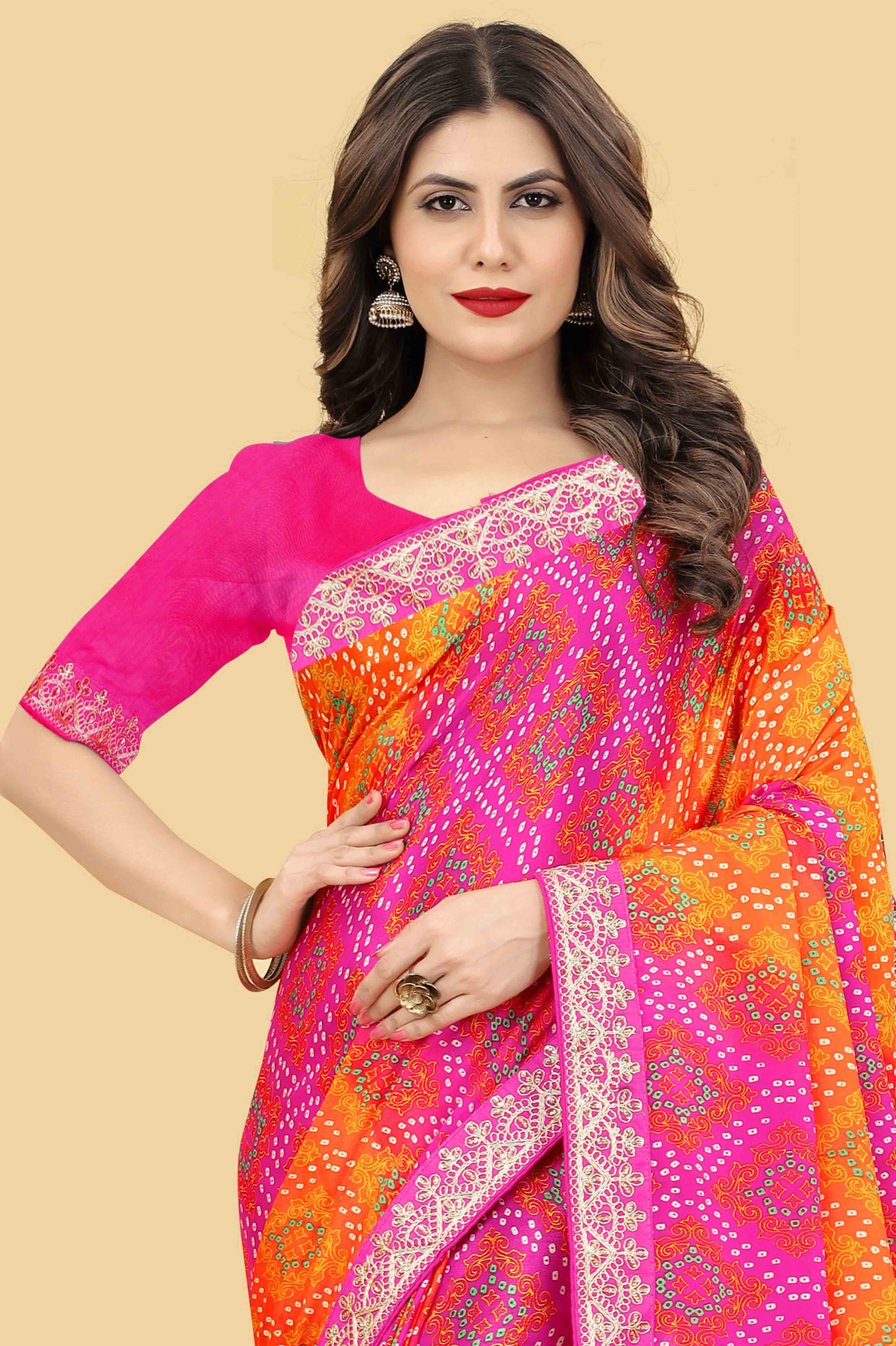 Pink & Orange Bandhani Printed Chinon Saree - Image 6