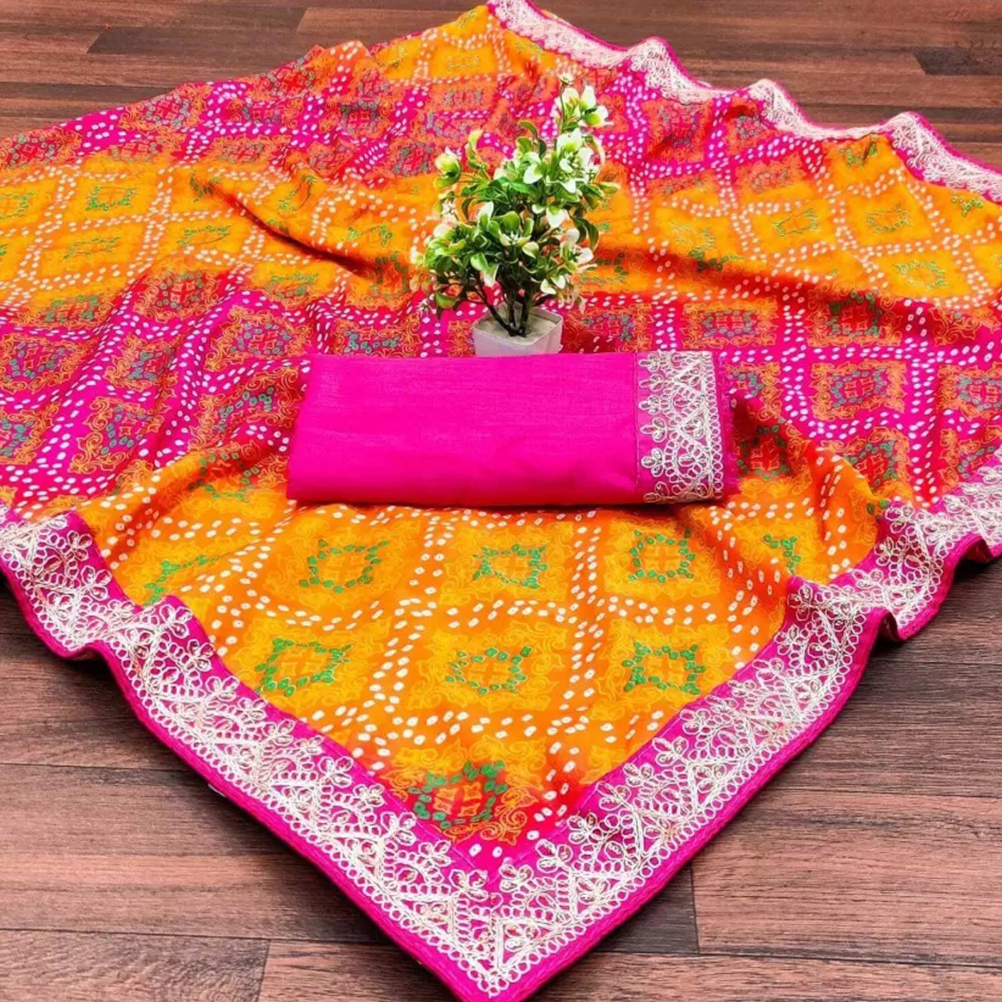 Pink & Orange Bandhani Printed Chinon Saree - Image 7