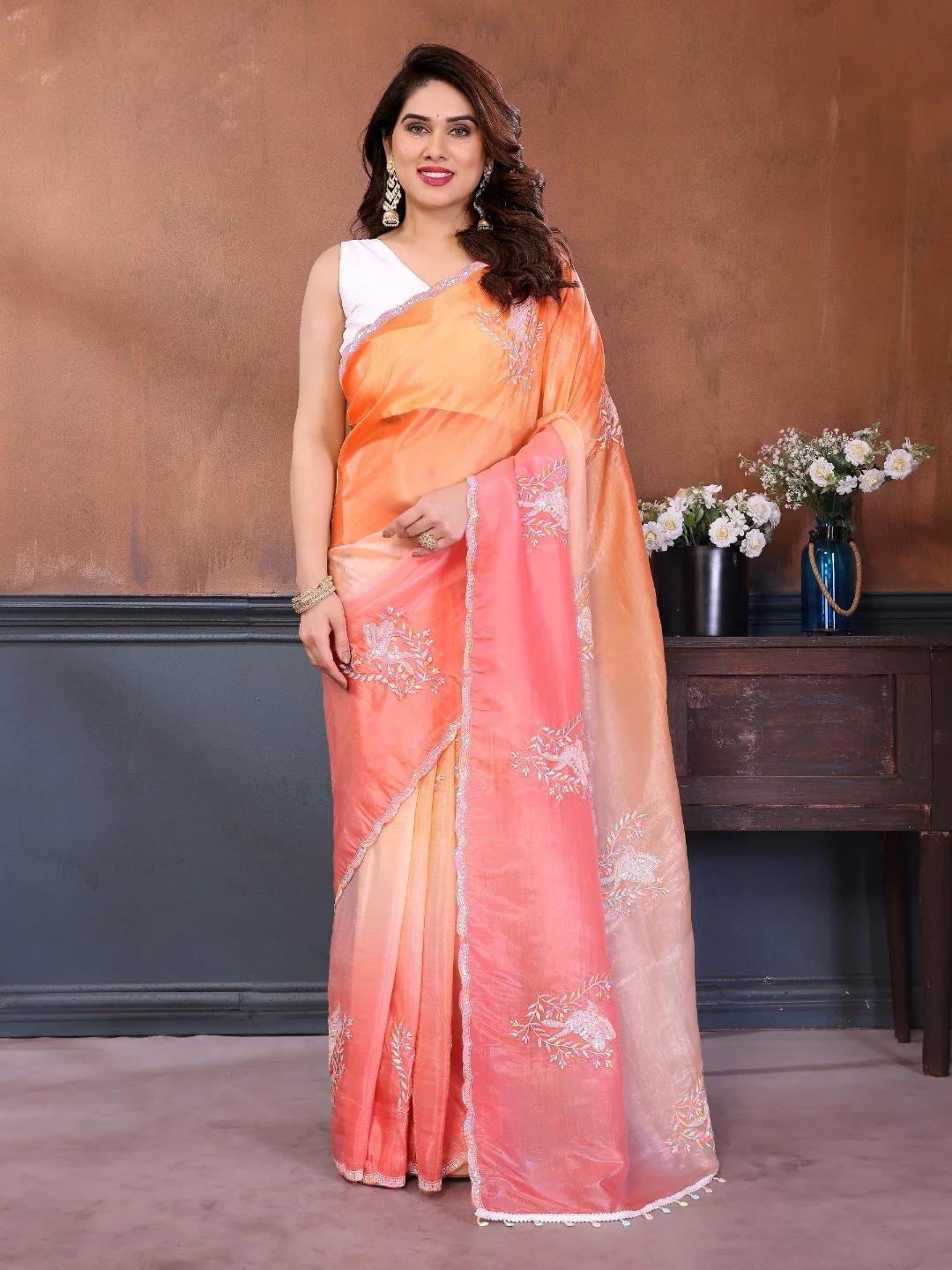 Pink & Orange Ombre Georgette Silk Saree With Artistic Bird Motif Sequins Embroidery Work