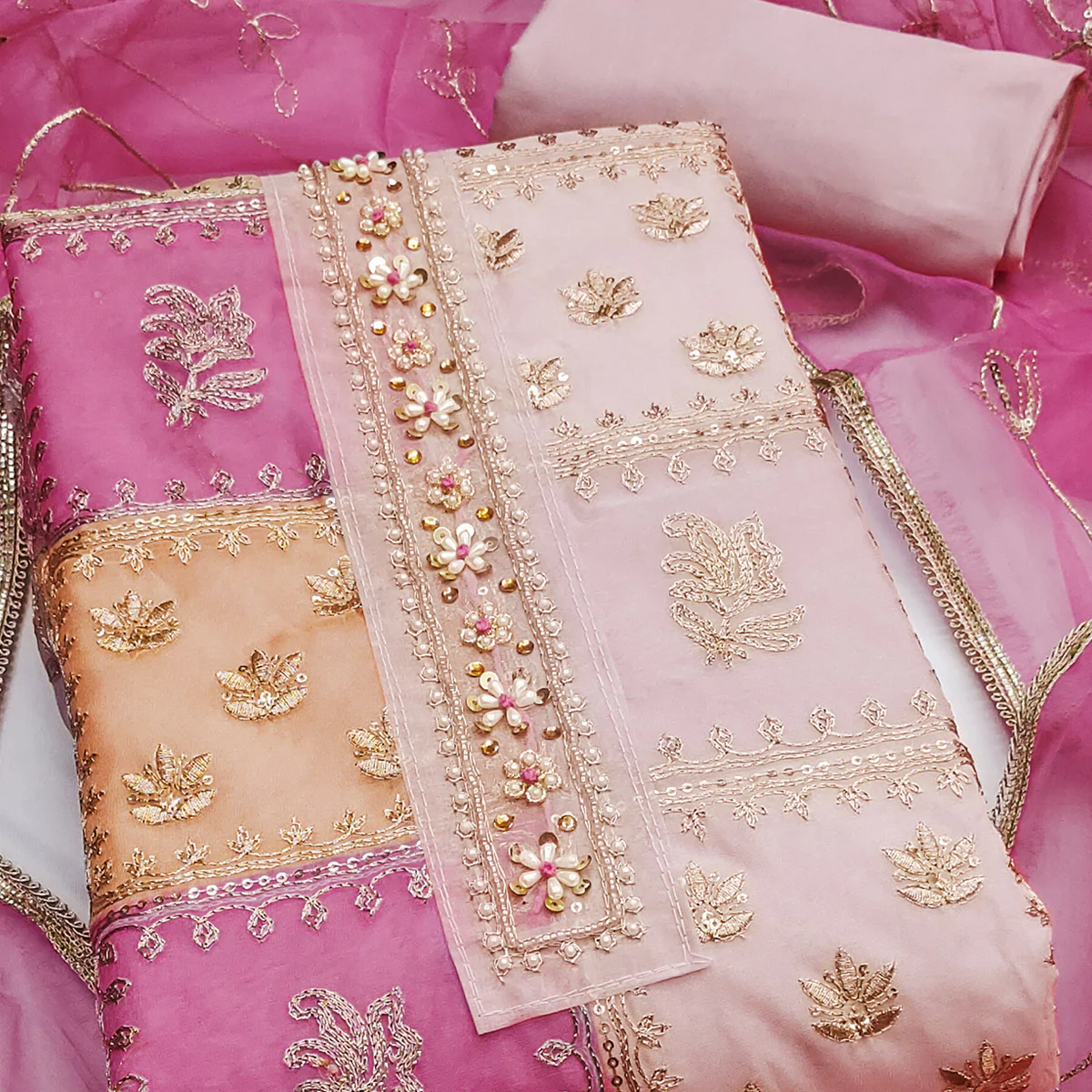 Pink Organza Dress Material With Floral Sequins Embroidery & Delicate Moti Handwork - Image 2