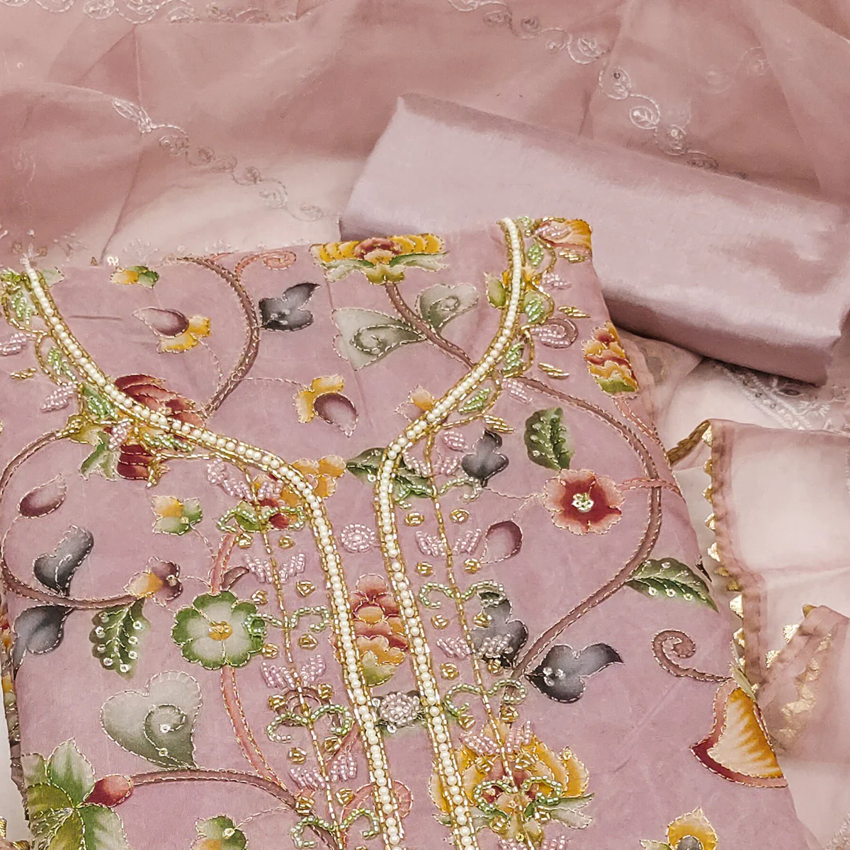 Pink Organza Dress Material With Graceful Floral Print With Handwork Detailing - Image 2