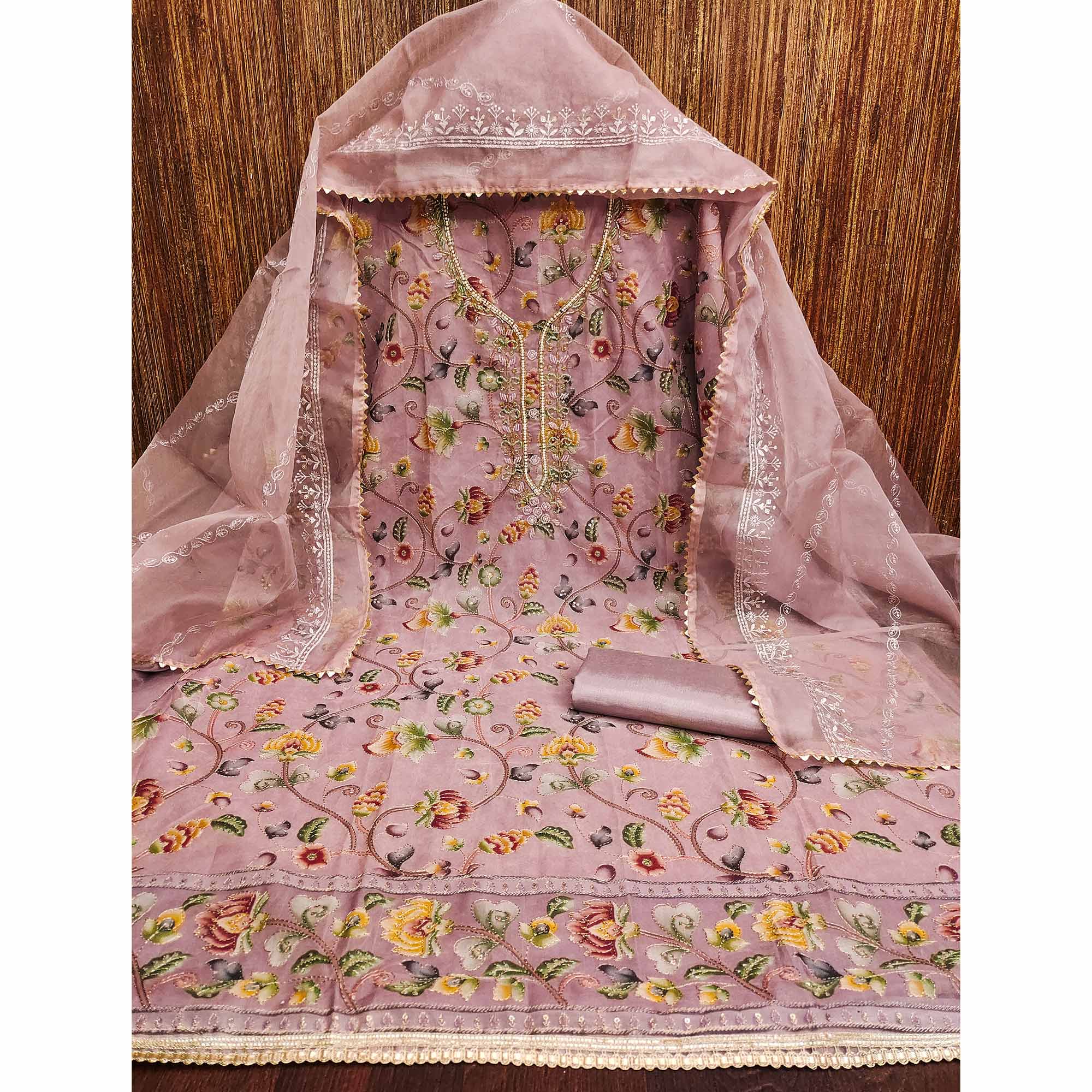Pink Organza Dress Material With Graceful Floral Print With Handwork Detailing - Image 3
