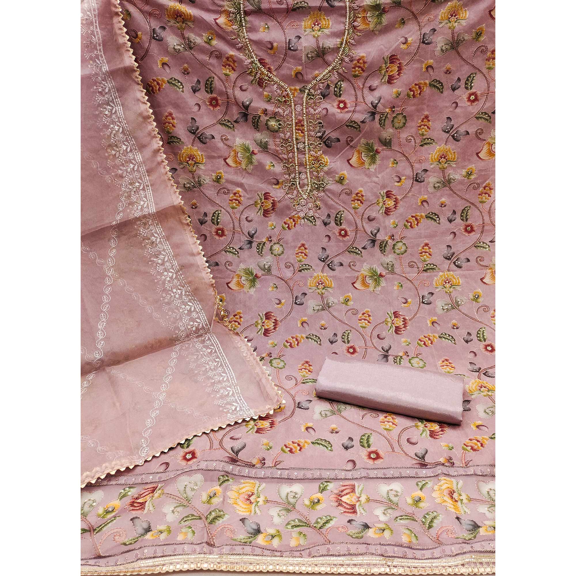 Pink Organza Dress Material With Graceful Floral Print With Handwork Detailing - Image 4