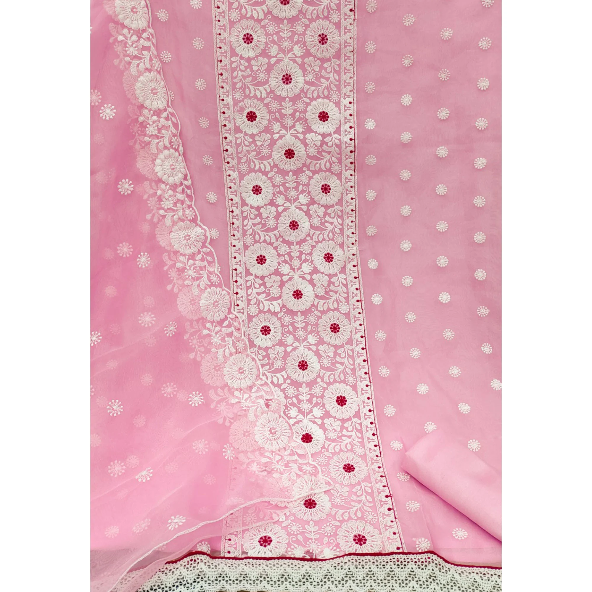 Pink Organza Dress Material With Intricate Floral Thread Embroidery - Image 3
