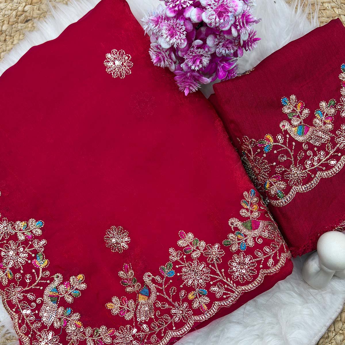 Pink Organza Satin Silk Saree Beautifully Detailed with Elegant Floral Embroidery - Image 2