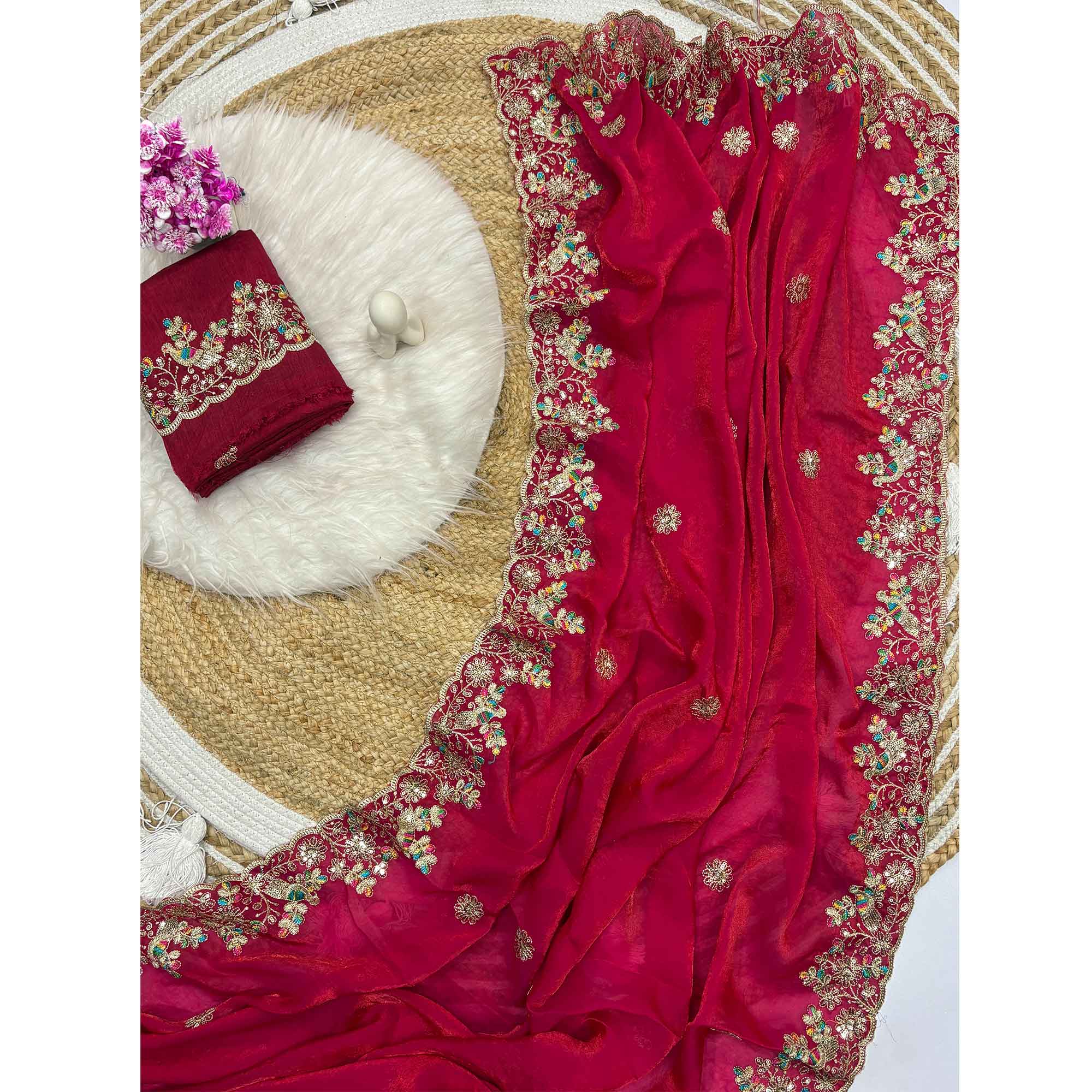 Pink Organza Satin Silk Saree Beautifully Detailed with Elegant Floral Embroidery - Image 3