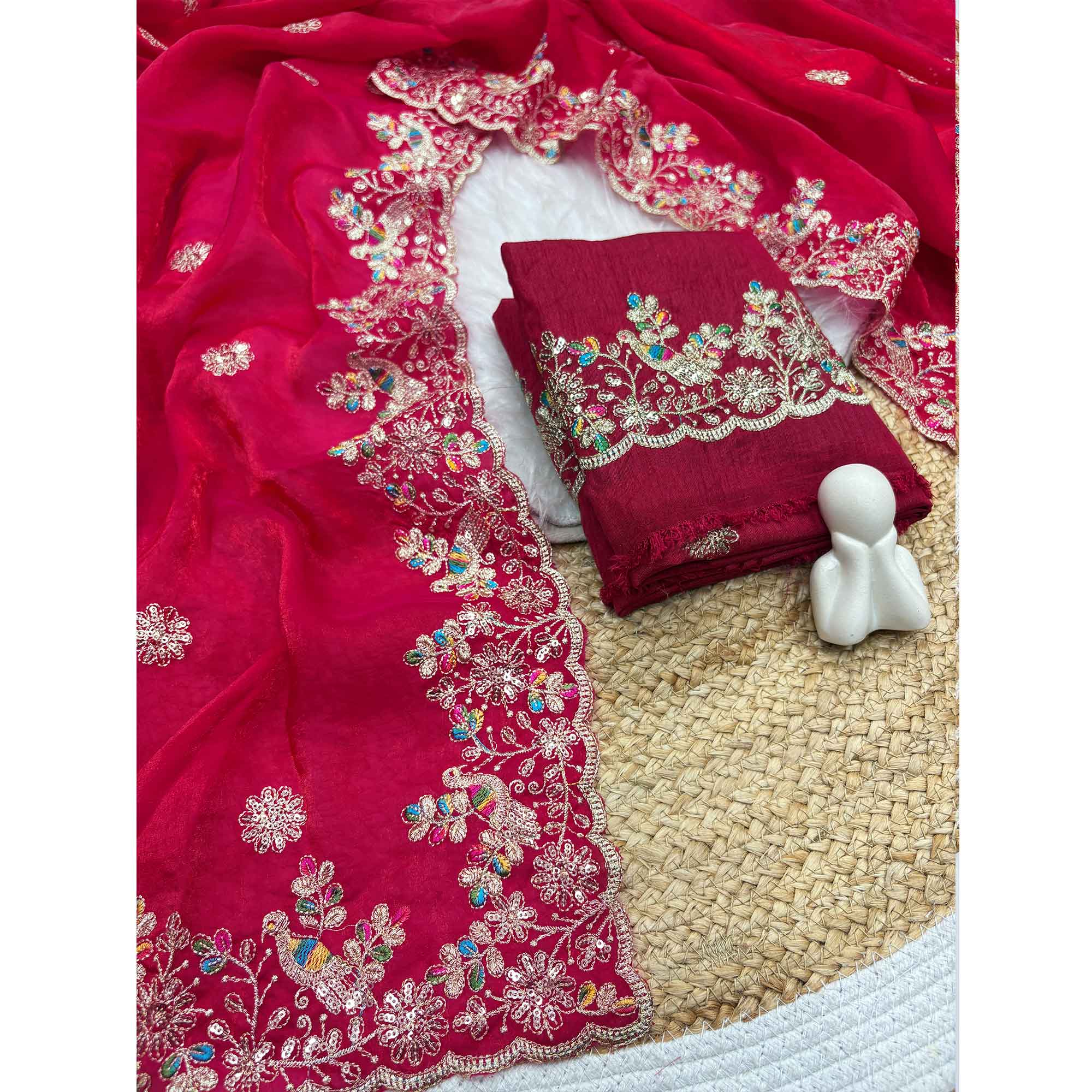Pink Organza Satin Silk Saree Beautifully Detailed with Elegant Floral Embroidery - Image 4