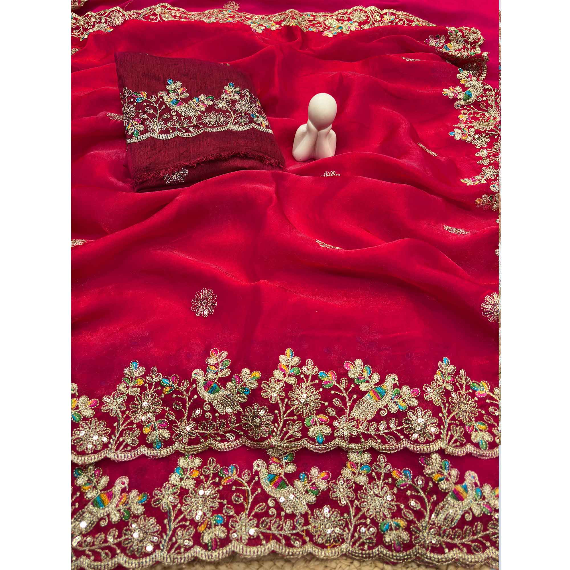 Pink Organza Satin Silk Saree Beautifully Detailed with Elegant Floral Embroidery - Image 5