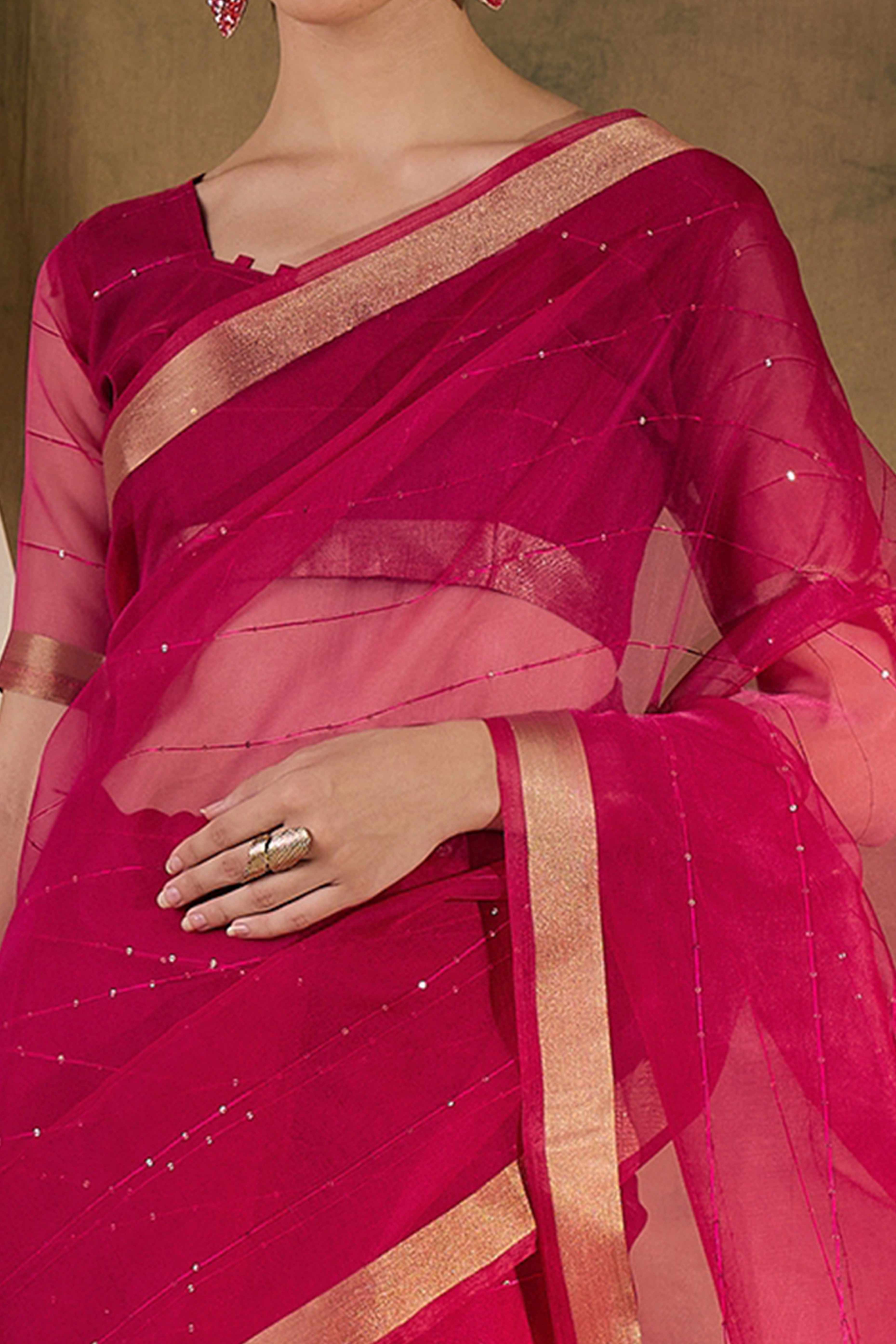 Pink Organza Silk Saree Featuring Shimmering Sequins Embroidery & Elegant Tasselled Pallu - Image 2