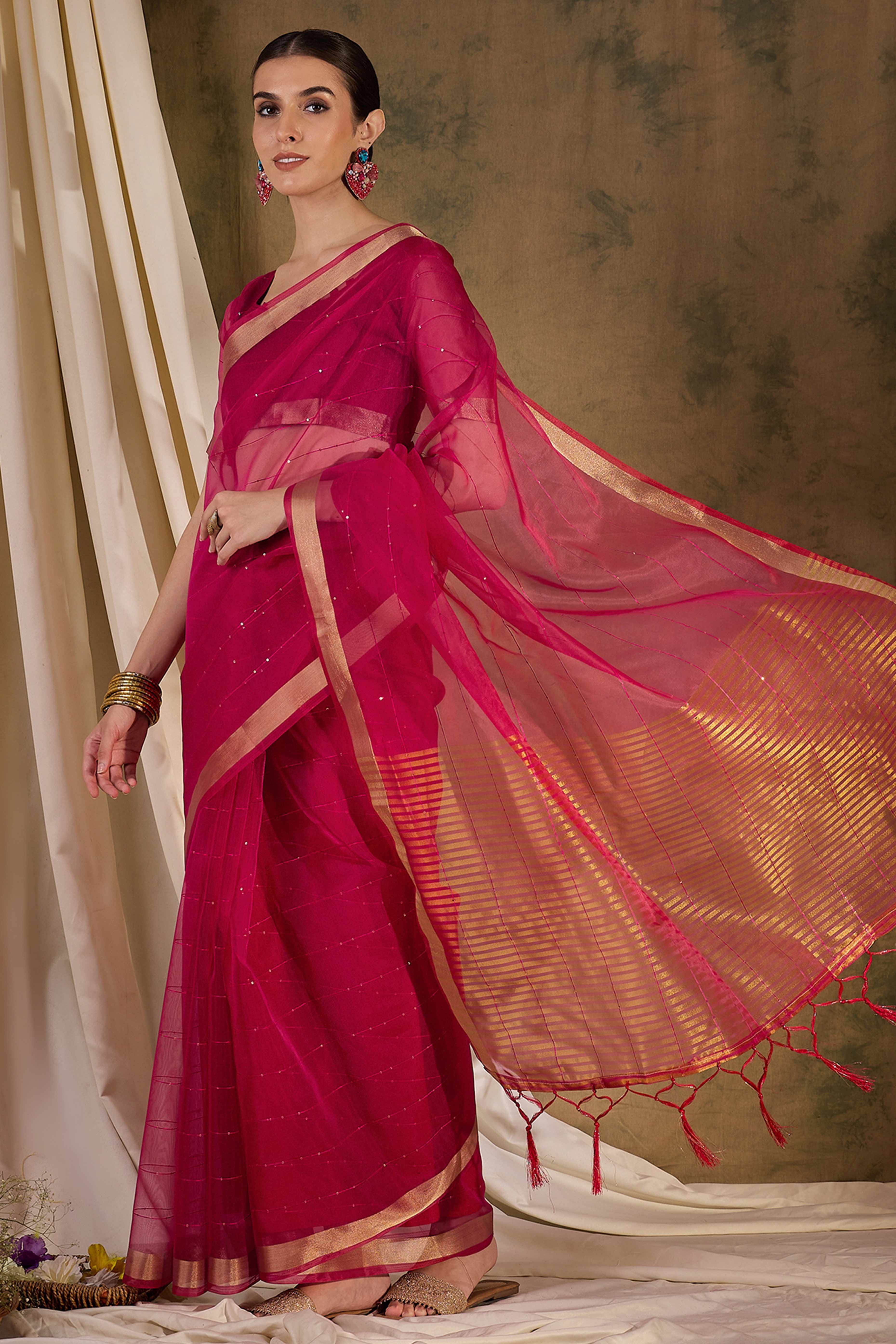 Pink Organza Silk Saree Featuring Shimmering Sequins Embroidery & Elegant Tasselled Pallu - Image 3