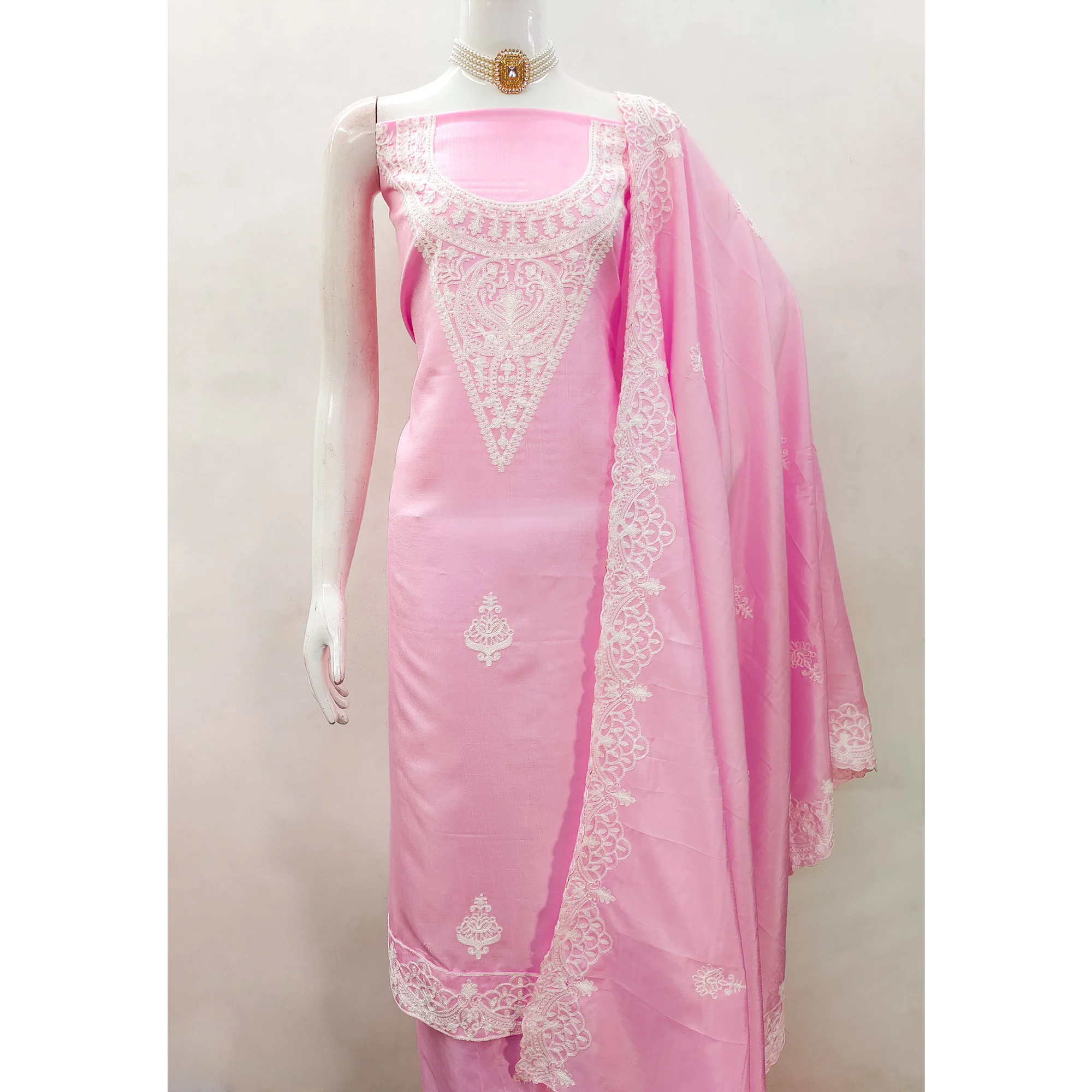 Pink Paisley Floral Embroidered Art Silk Dress Material - Image 5
