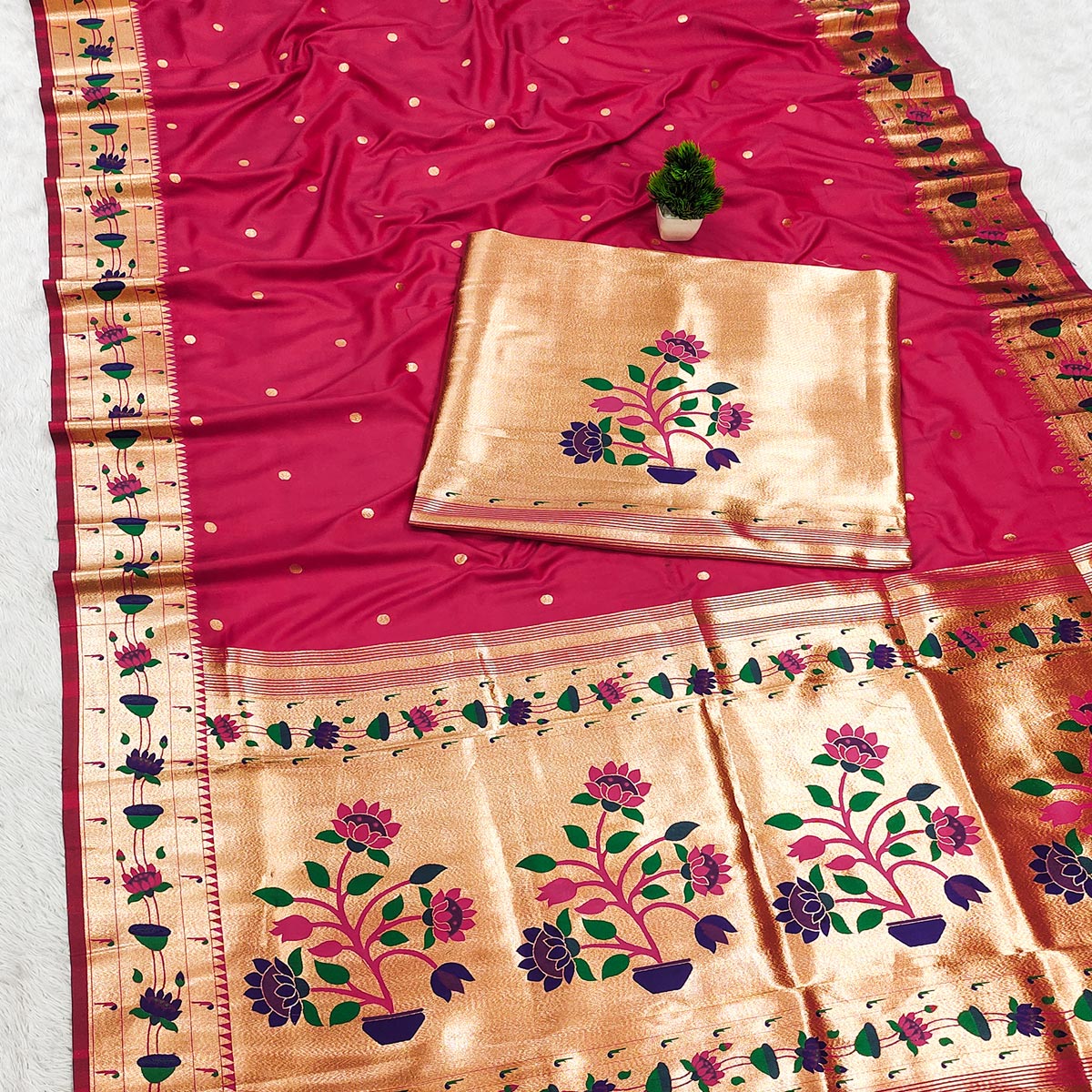 Pink Paithani Inspired Lotus Woven Kanjivaram Bridal Silk Saree - Image 2