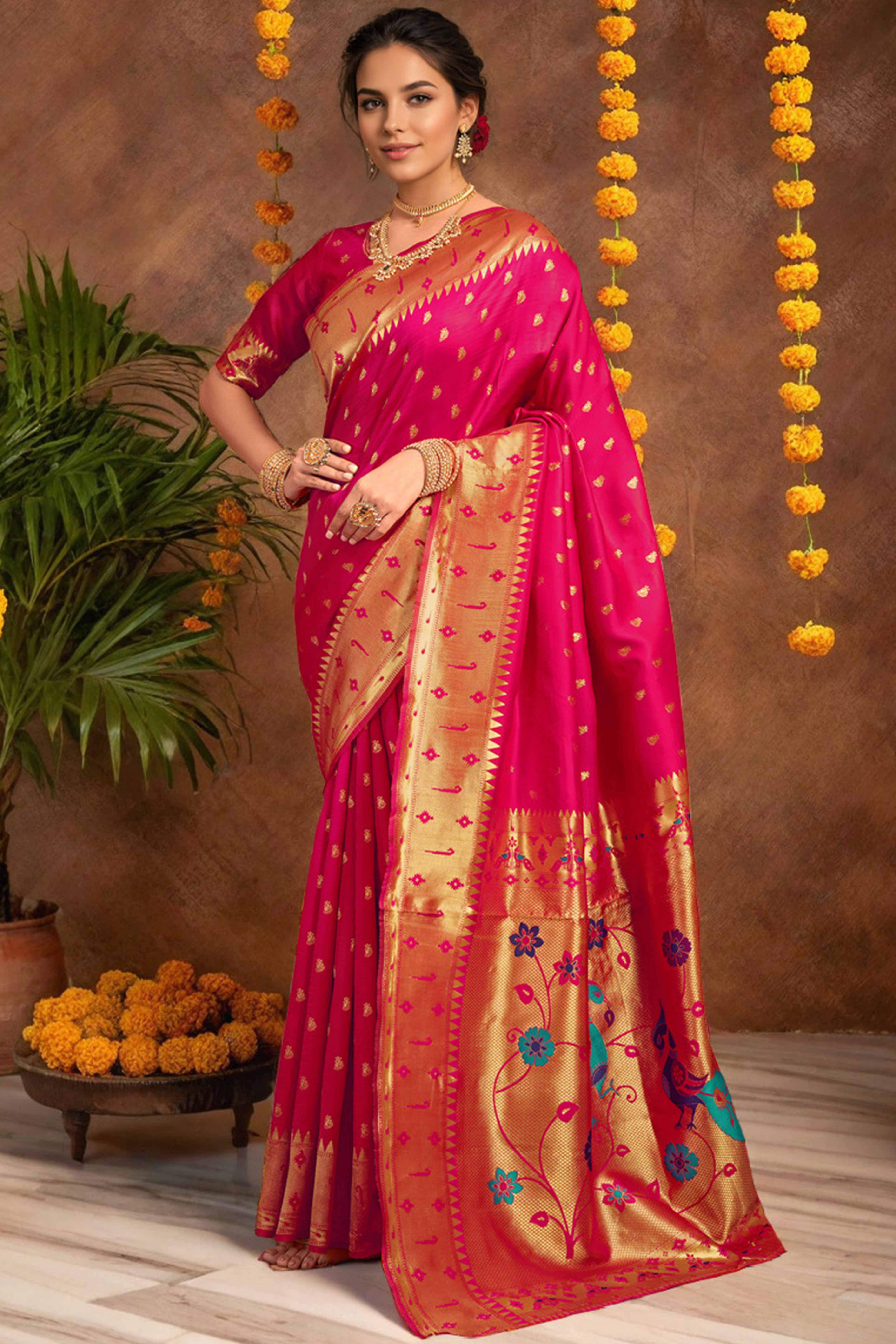 Pink Paithani Saree In Silk Blend Highlighted With Zari Woven Peacock & Floral Motifs - Image 3