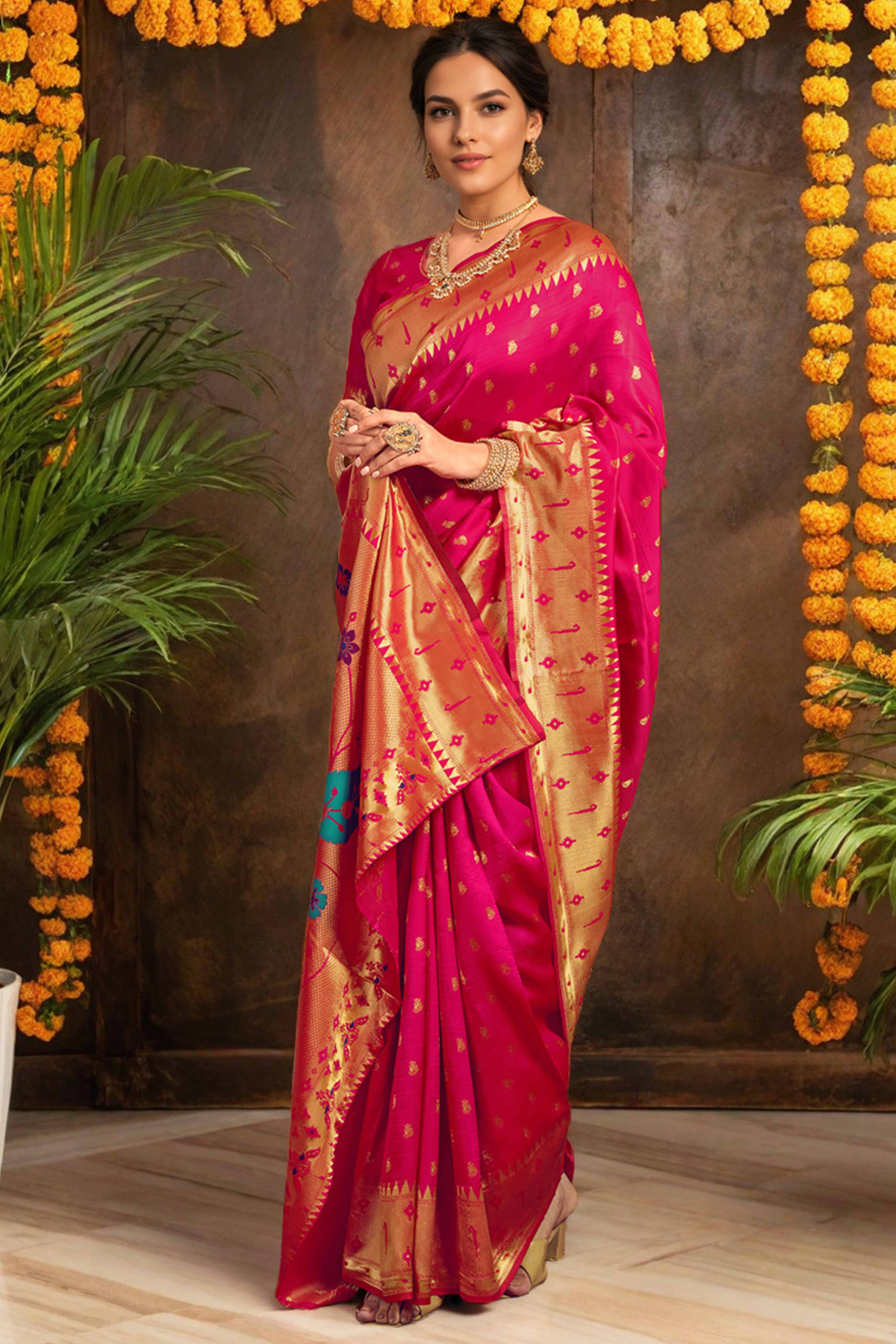 Pink Paithani Saree In Silk Blend Highlighted With Zari Woven Peacock & Floral Motifs - Image 4