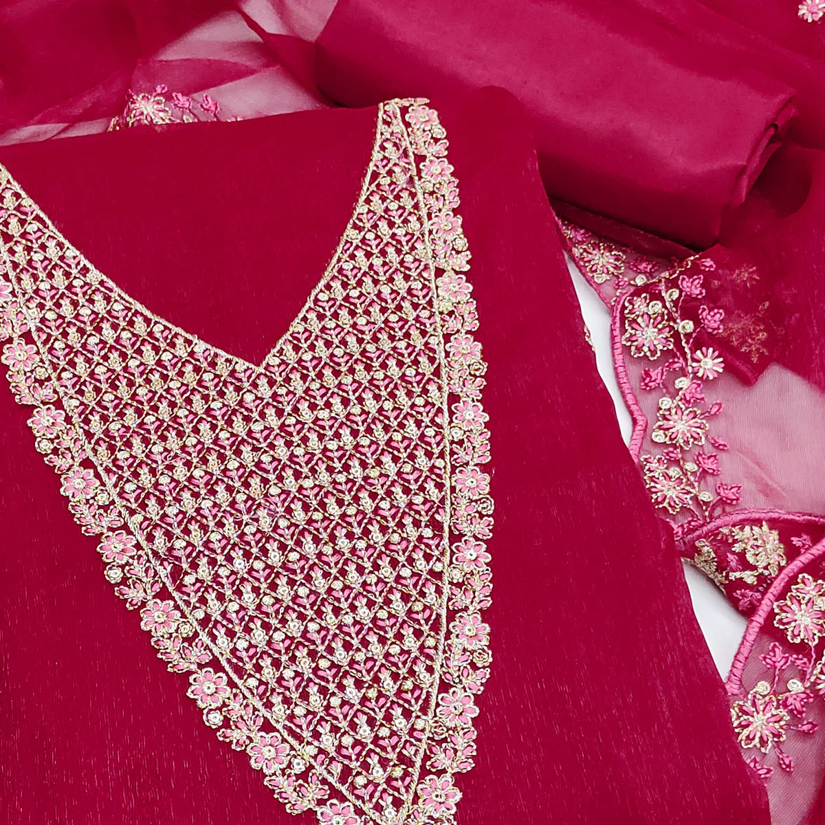 Pink Party Wear Shimmer Dress Material with Floral Embellishment - Image 2