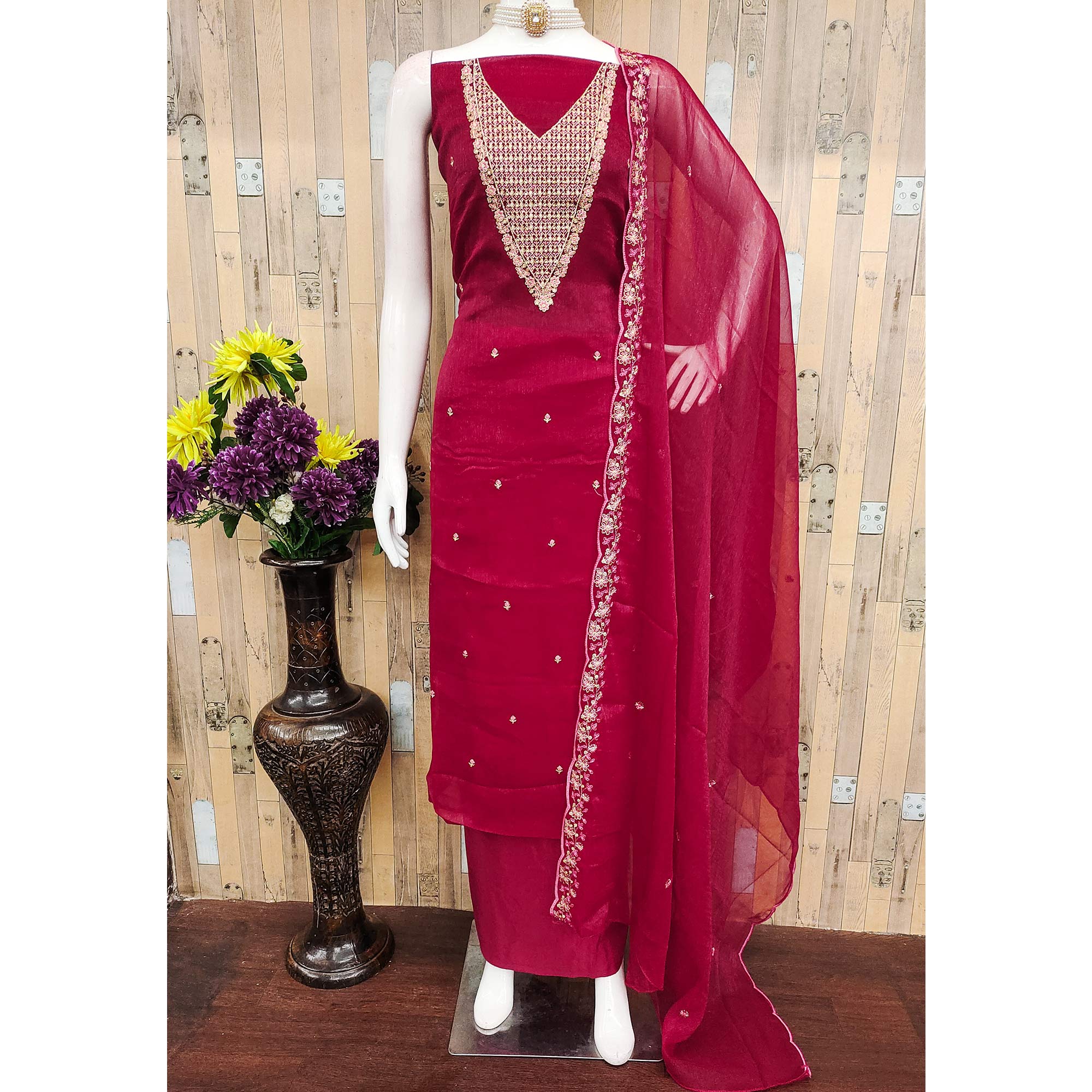 Pink Party Wear Shimmer Dress Material with Floral Embellishment - Image 3