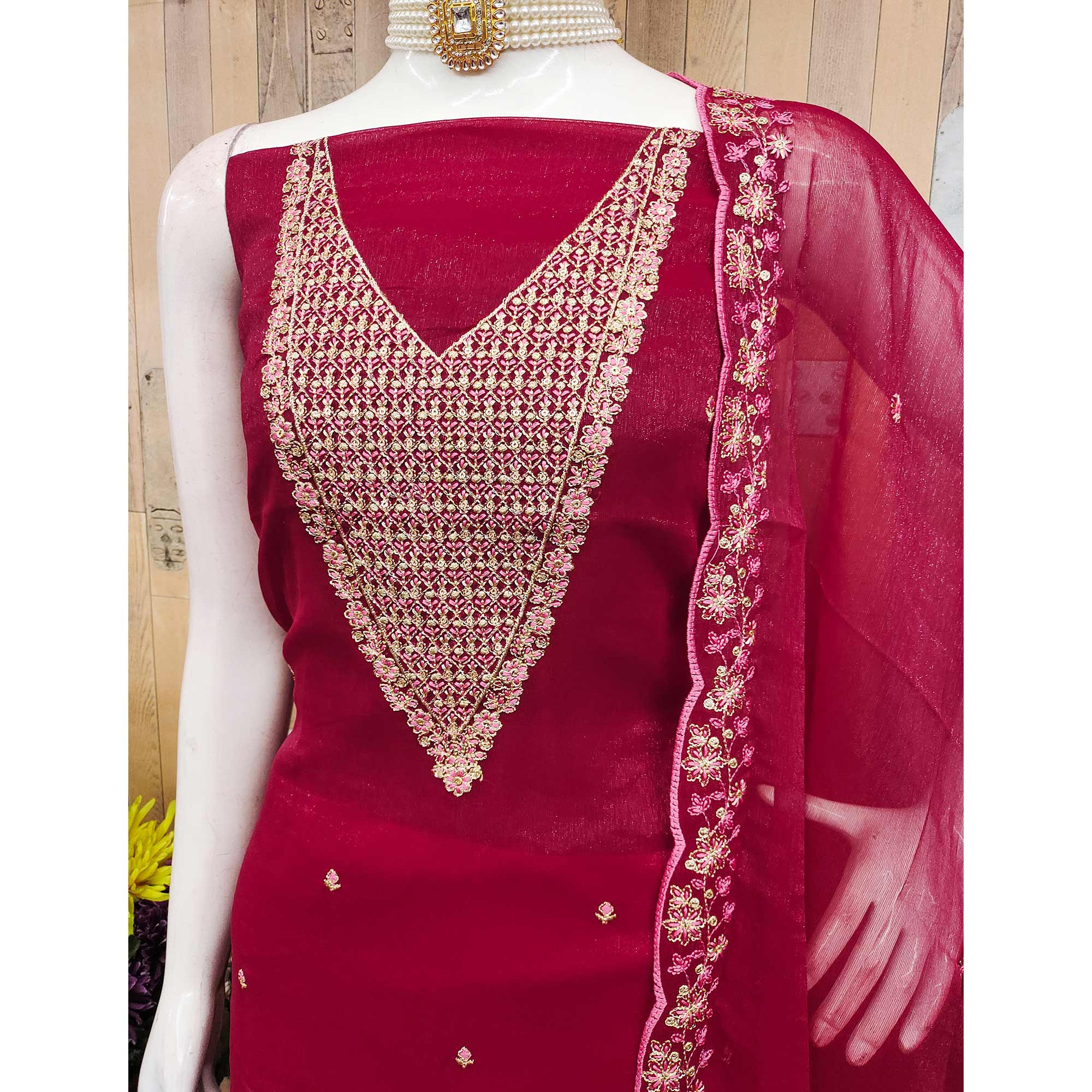 Pink Party Wear Shimmer Dress Material with Floral Embellishment - Image 4