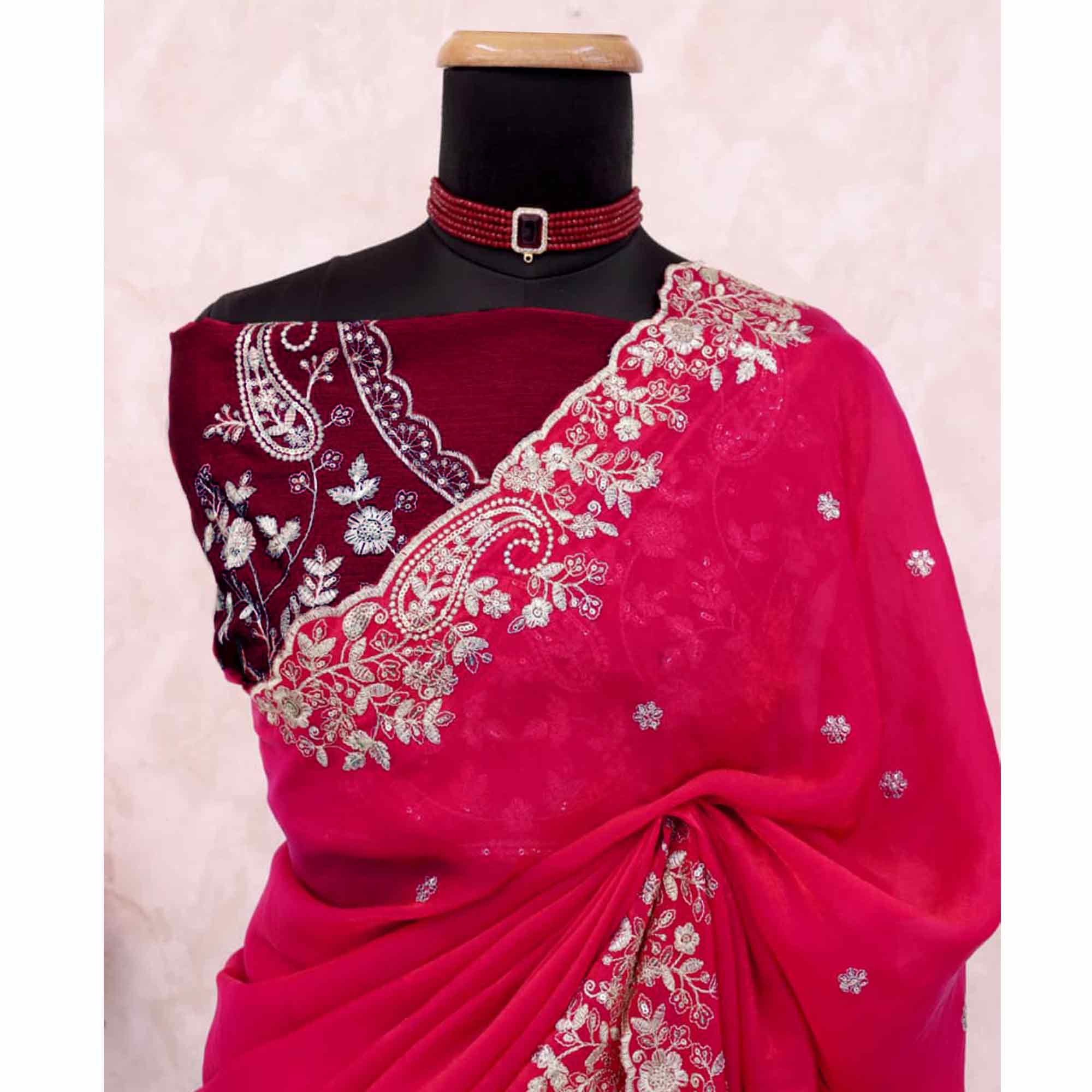 Pink Partywear Organza Satin Silk Crush Saree with Delicate Floral Embroidery - Image 10