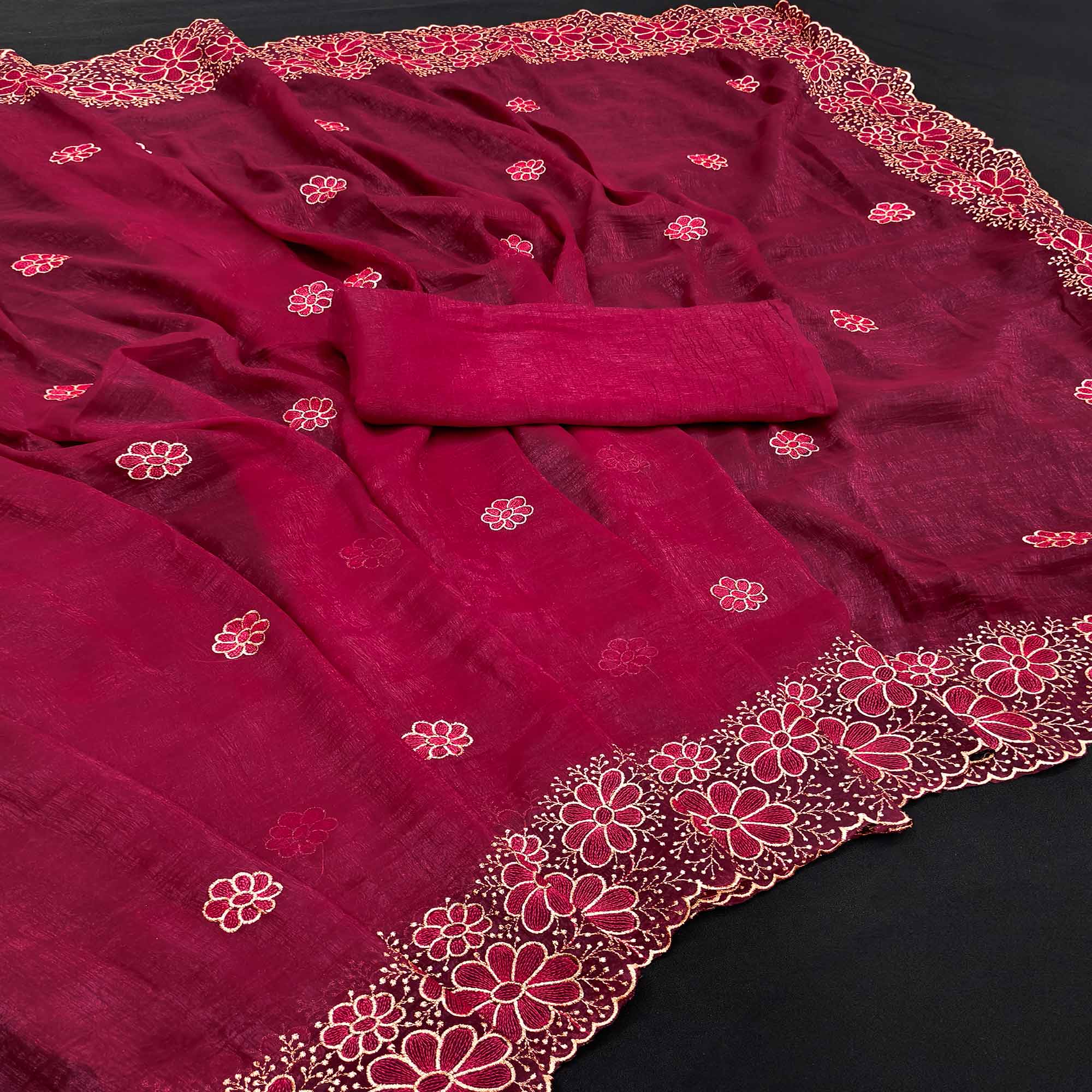 Pink Partywear Saree in Soft Chiffon with Intricate Floral Embroidery - Image 3