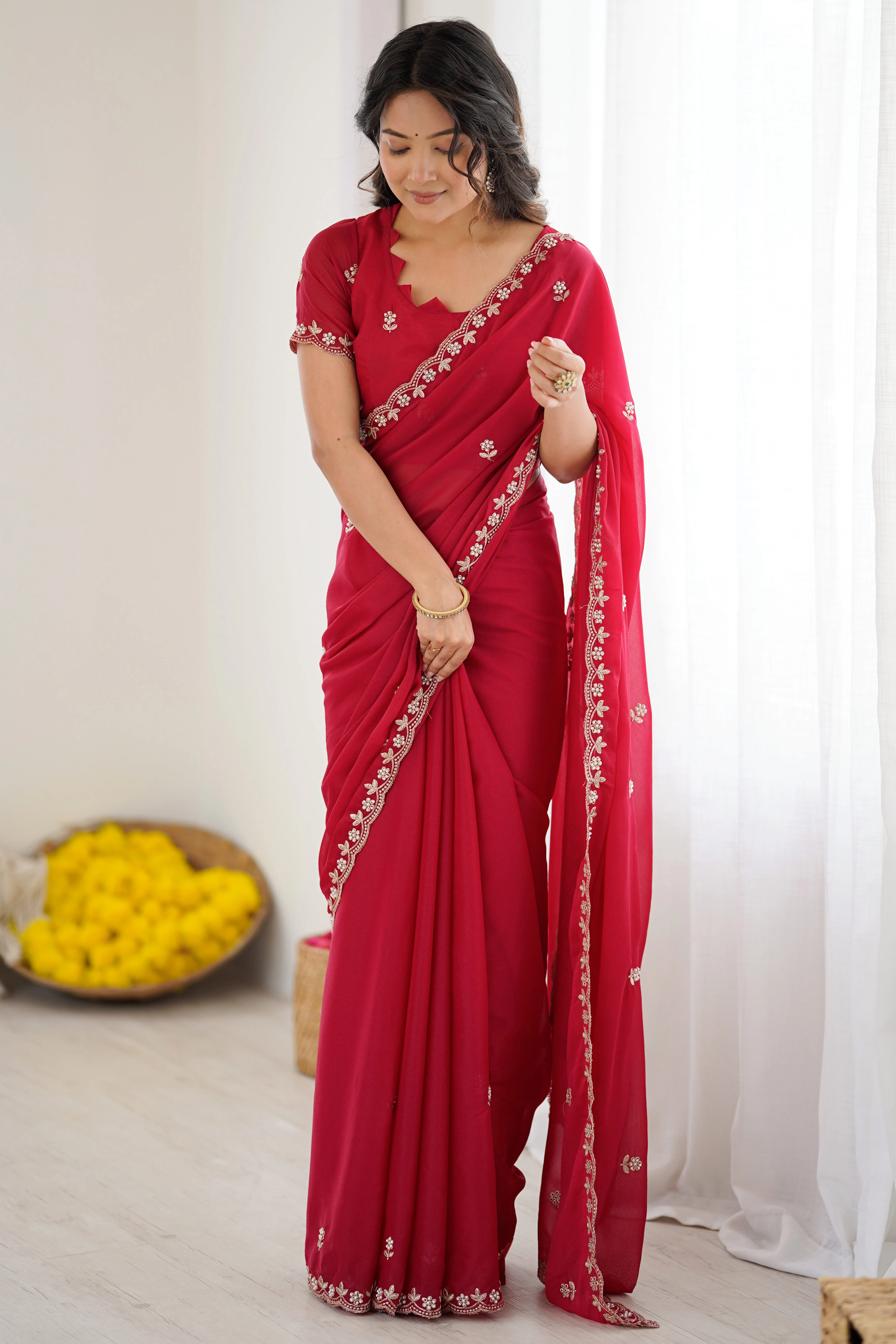 Pink Partywear Star Georgette Saree Adorned with Floral Embroidery and Beads Work - Image 3