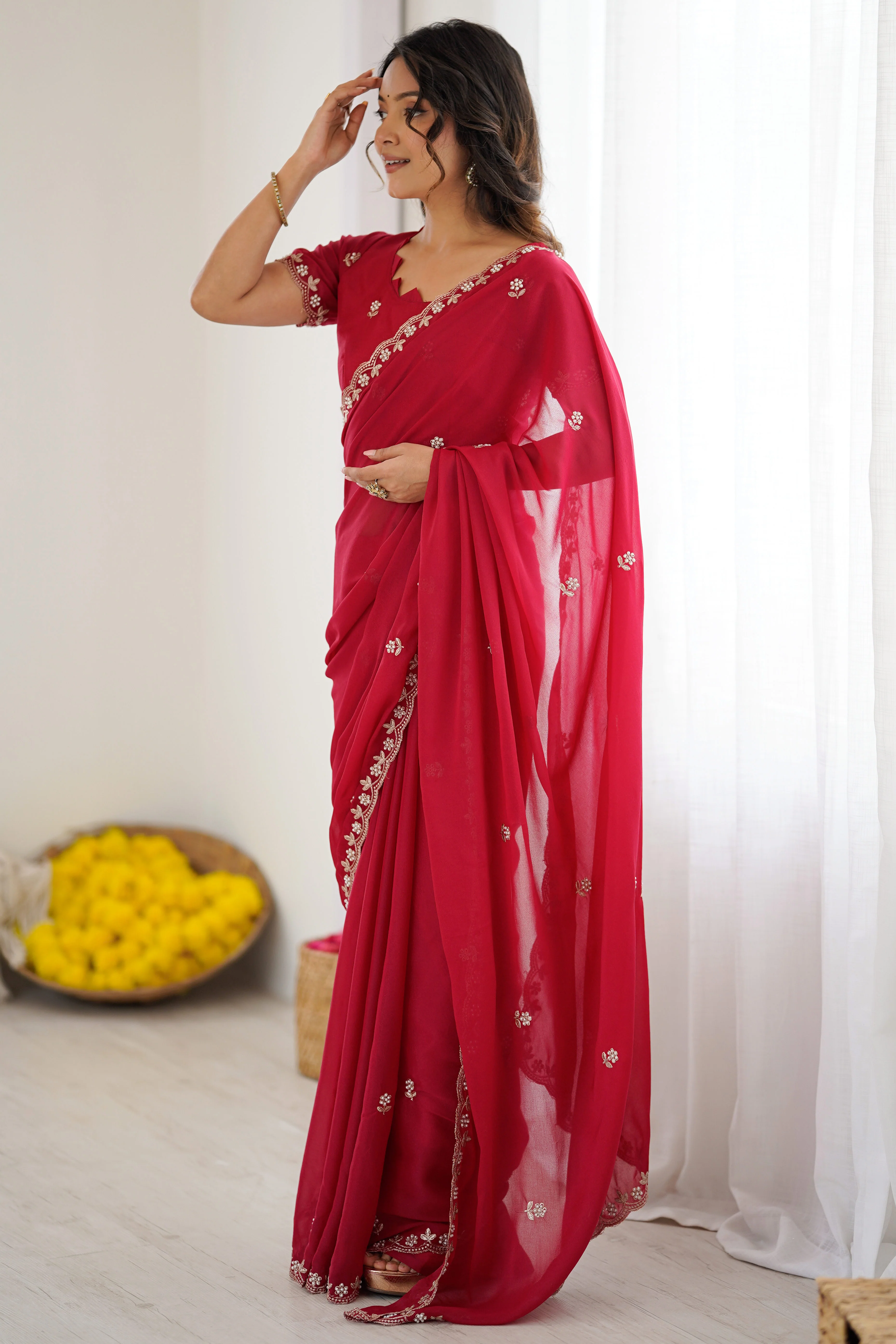 Pink Partywear Star Georgette Saree Adorned with Floral Embroidery and Beads Work - Image 4