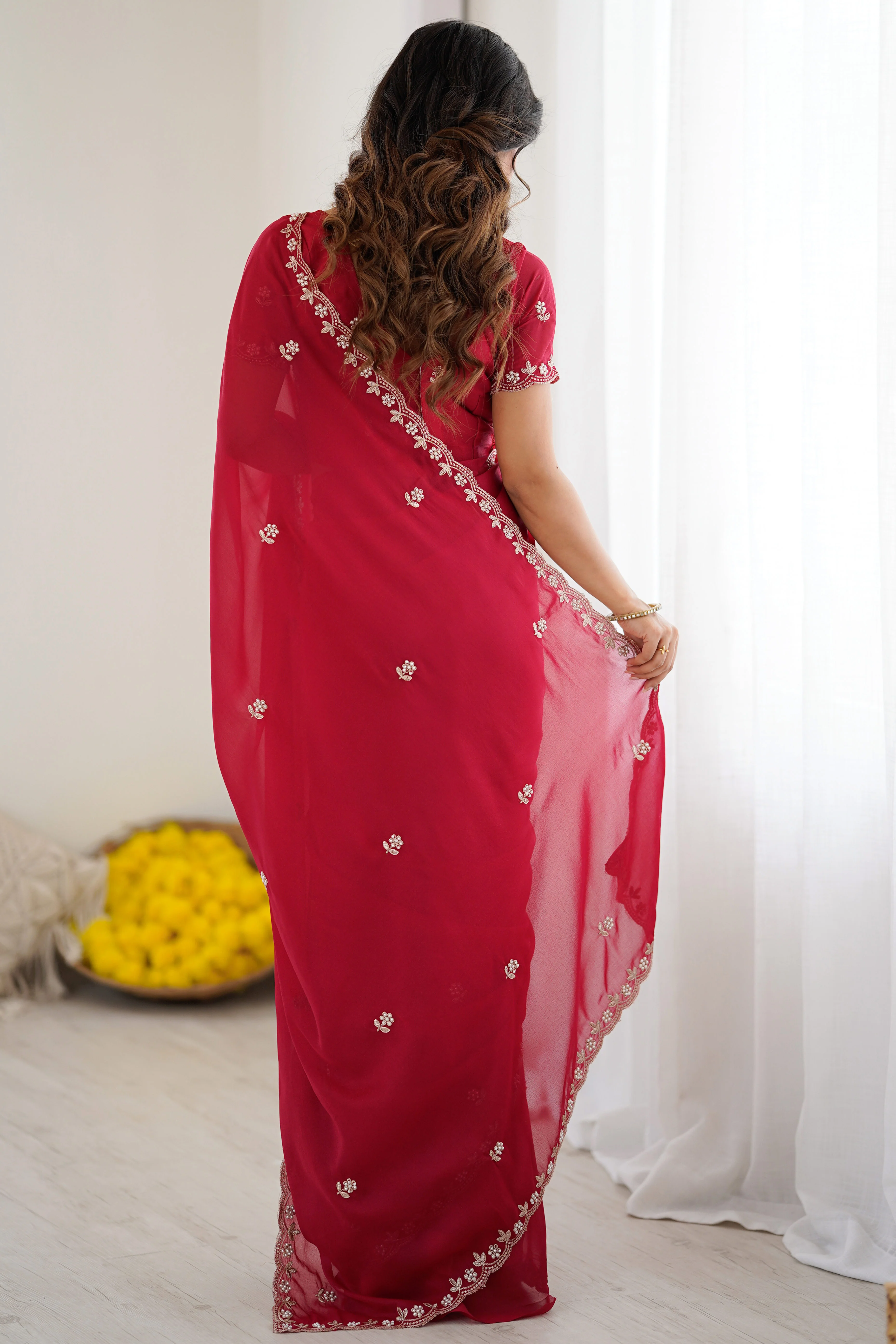 Pink Partywear Star Georgette Saree Adorned with Floral Embroidery and Beads Work - Image 5