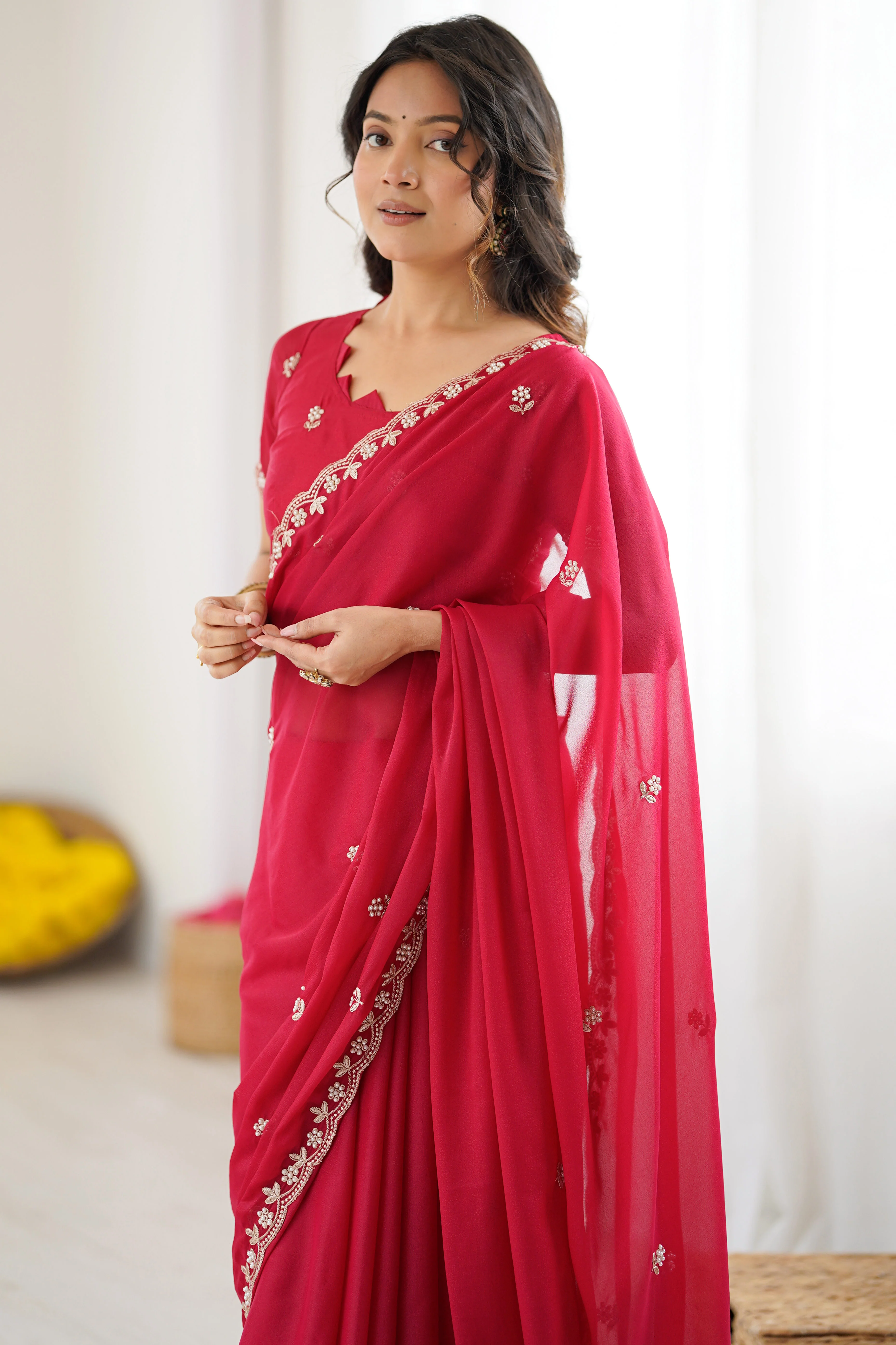 Pink Partywear Star Georgette Saree Adorned with Floral Embroidery and Beads Work - Image 6