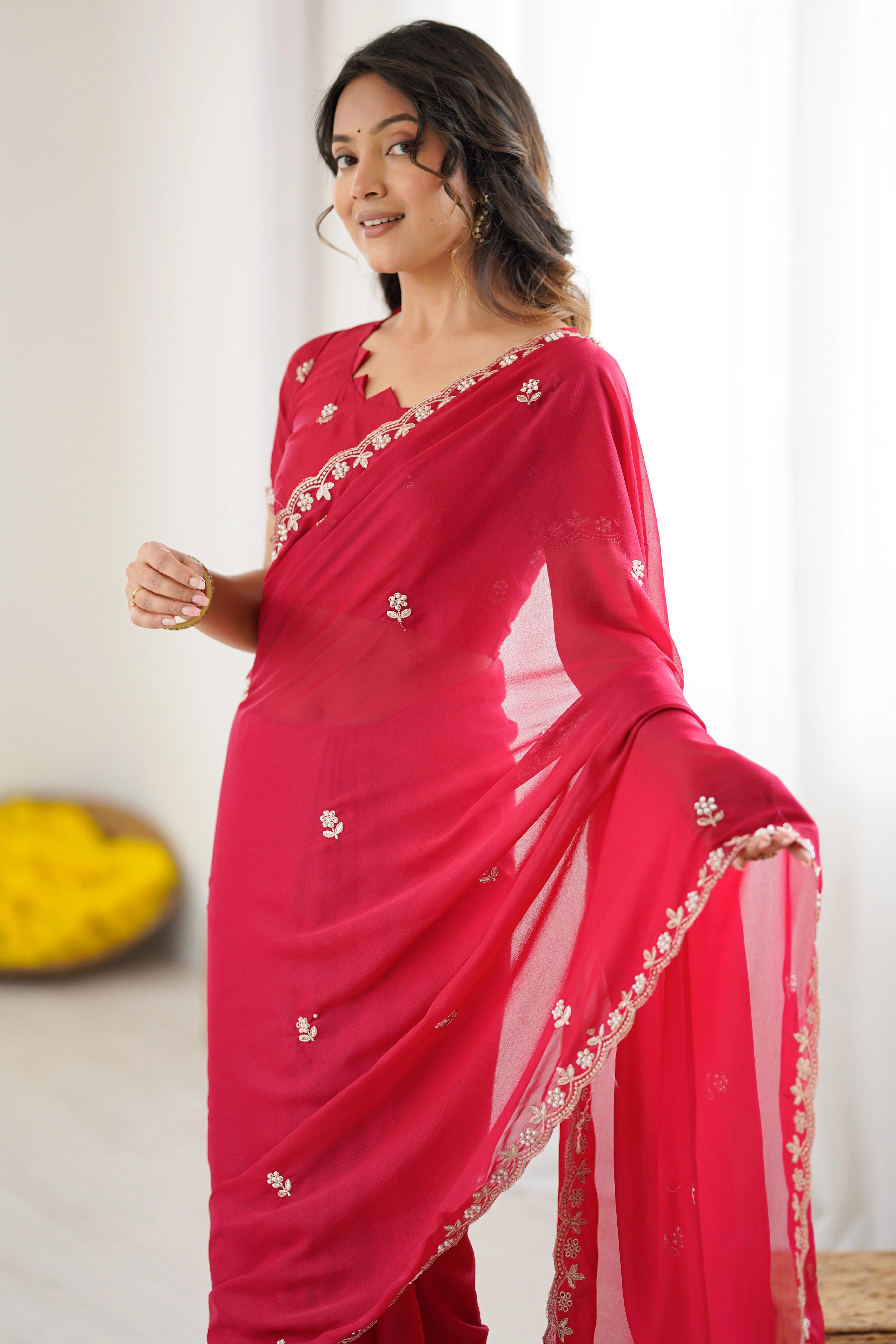 Pink Partywear Star Georgette Saree Adorned with Floral Embroidery and Beads Work - Image 7