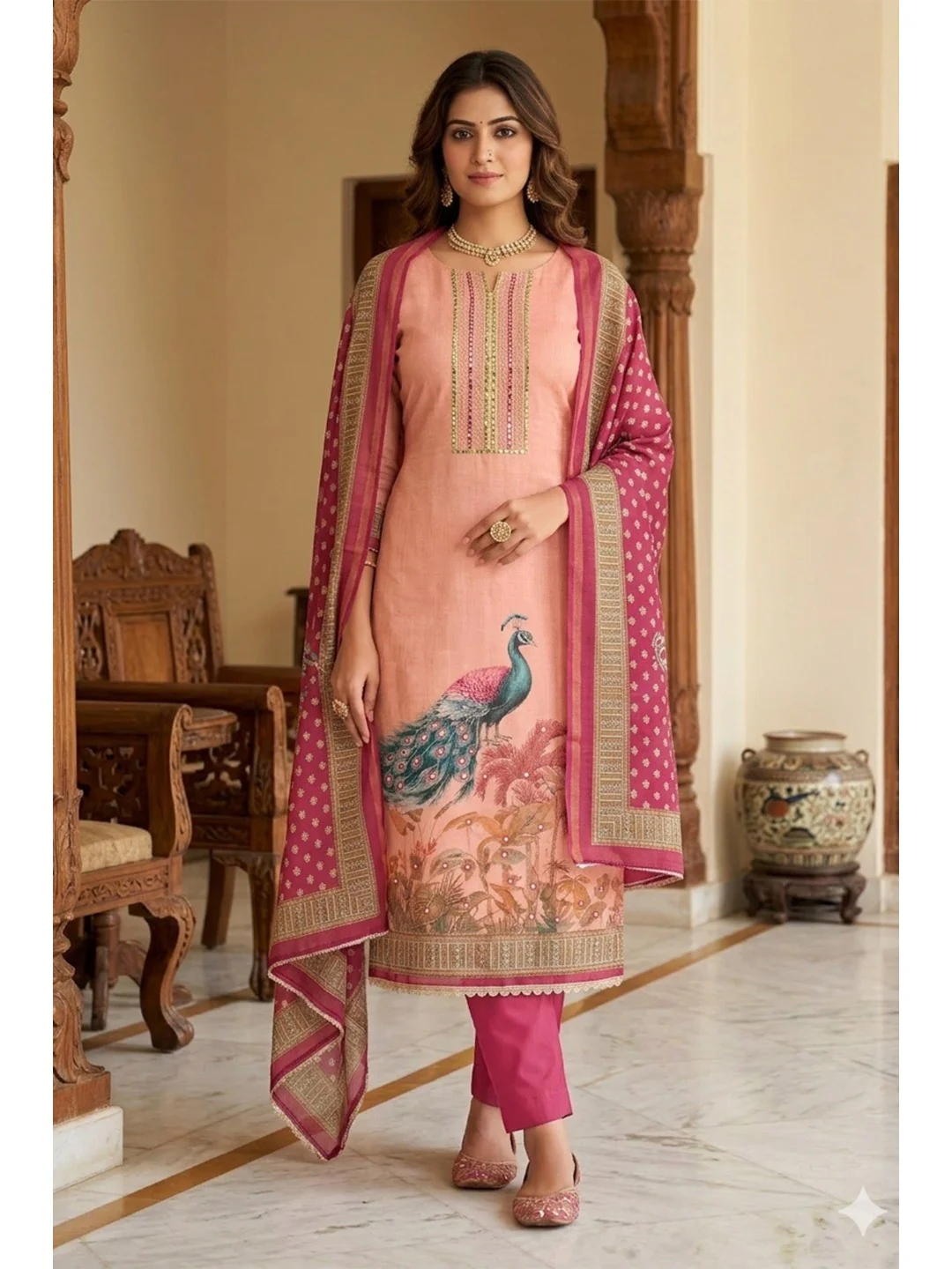 Pink Peacock Printed Linen Dress Material with Embellishments