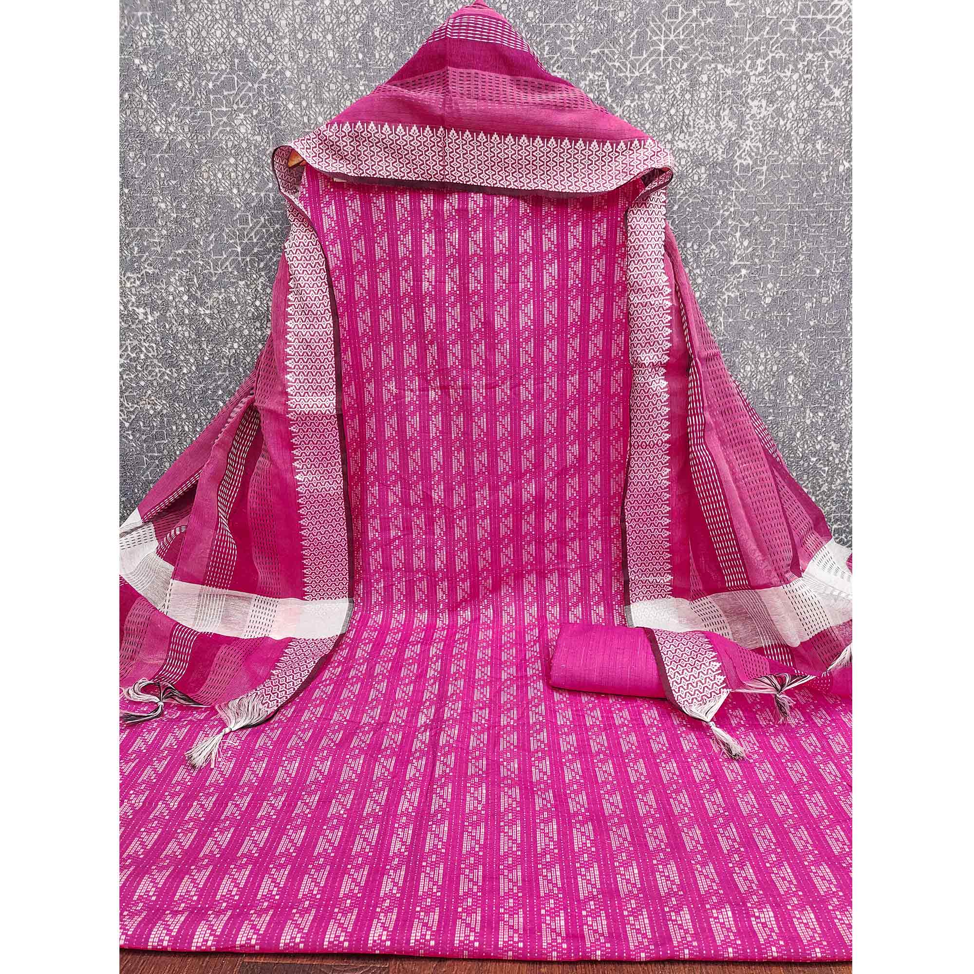 Pink Poly Cotton Blend Dress Material With Striped Pattern Weaving Work - Image 4