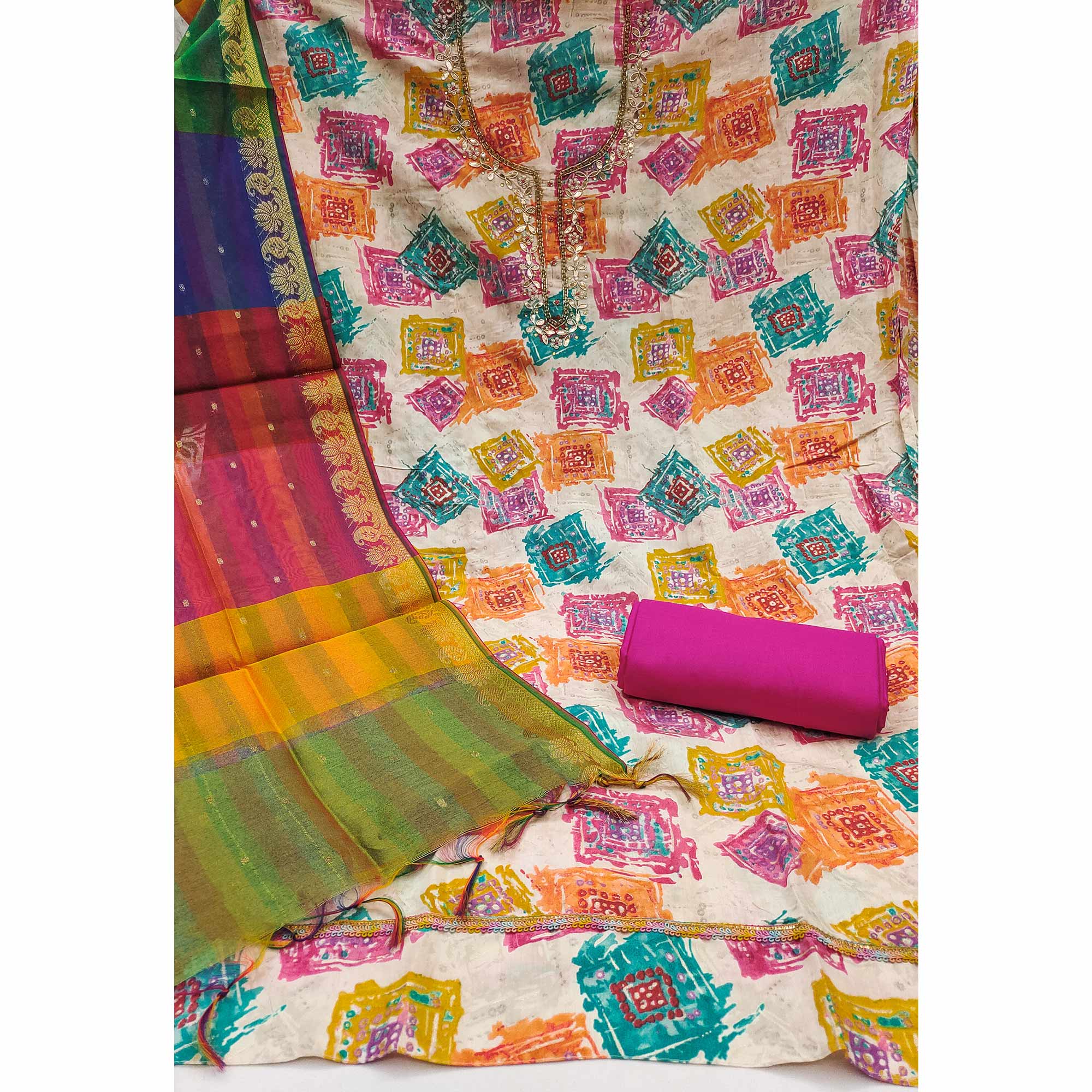 Pink Print & Delicate Moti With Gota Patti Work Cotton Silk Dress Material - Image 4