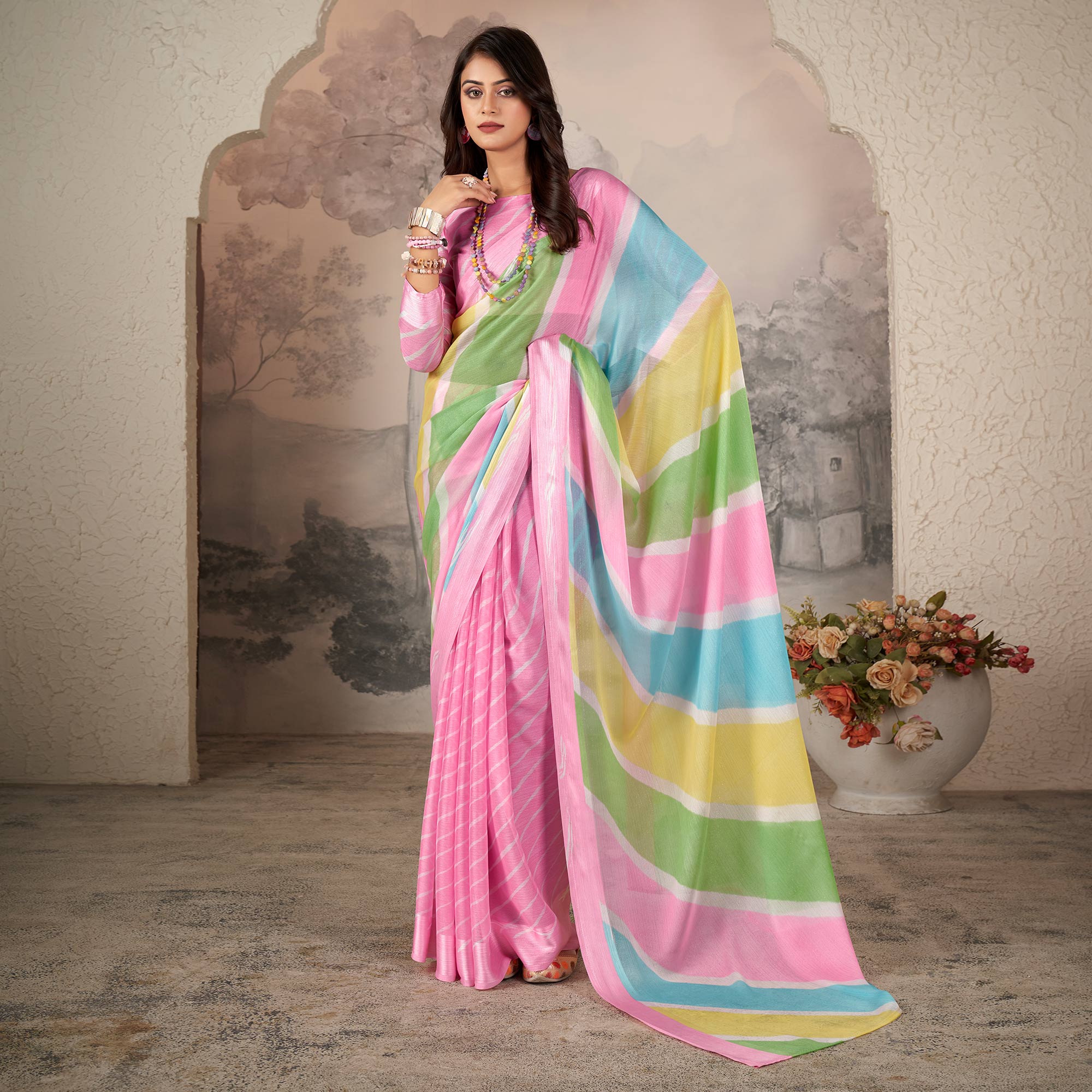 Pink Printed Chiffon Saree - Image 2