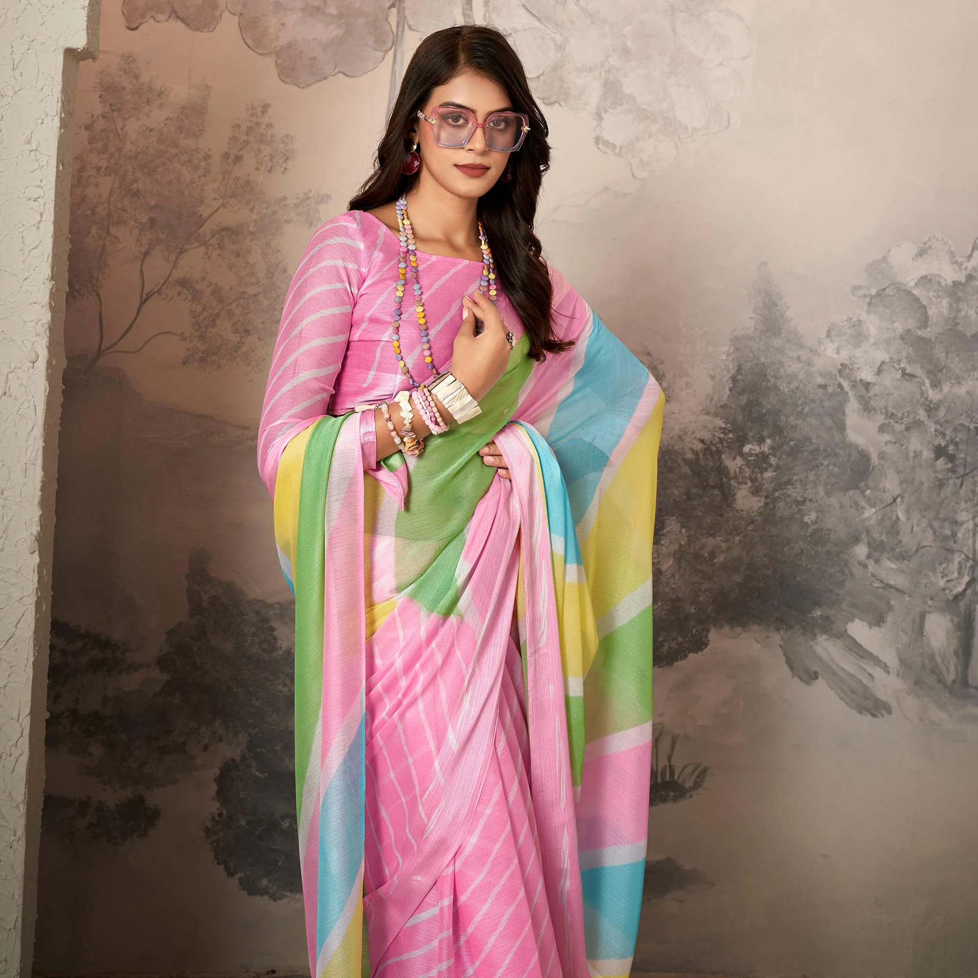 Pink Printed Chiffon Saree - Image 5