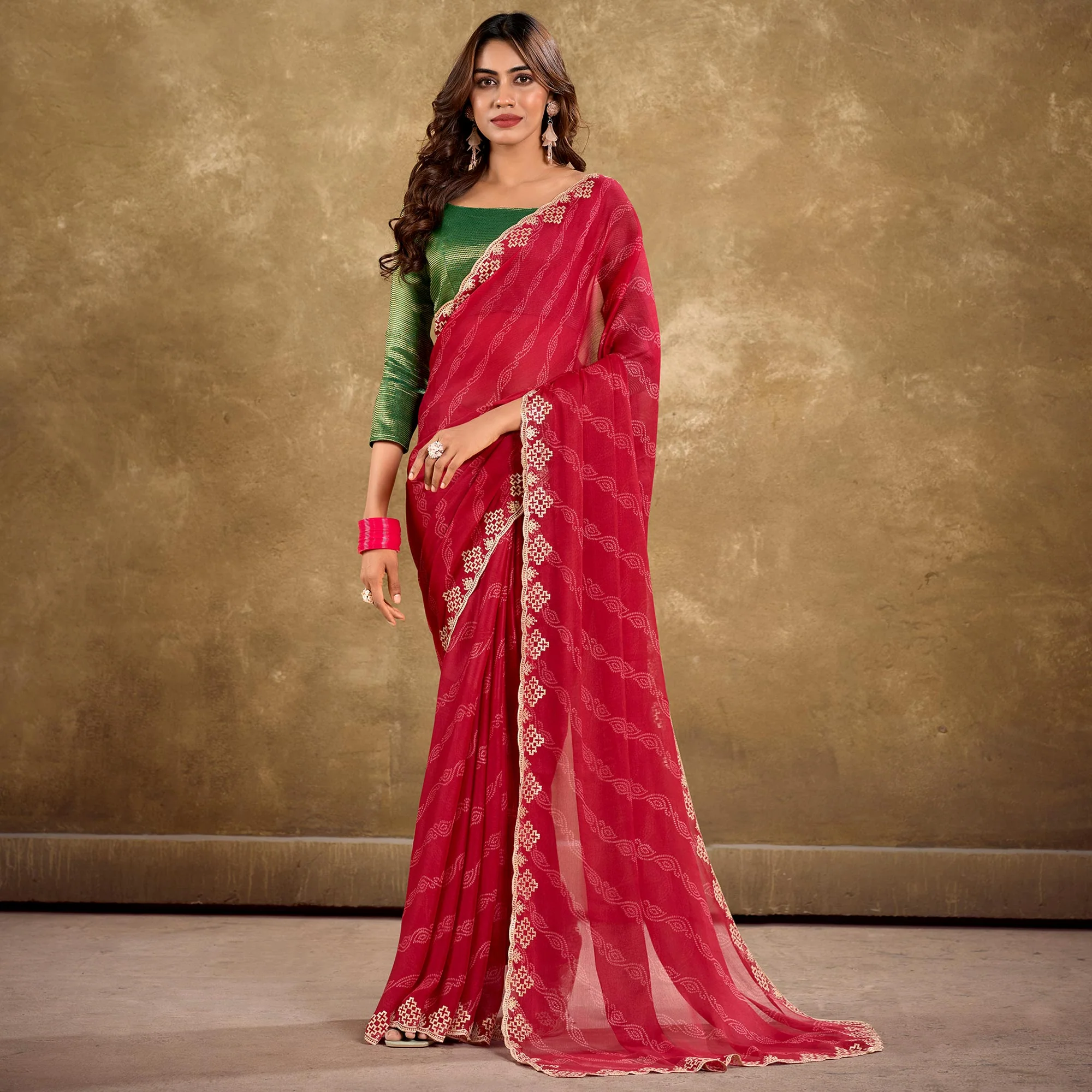 Cherry Pink Printed Chiffon Saree With Sequins Border - Image 2