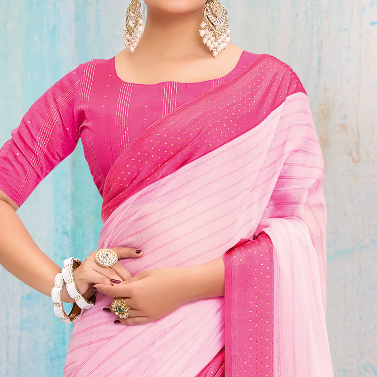 Pink Printed Chiffon Saree With Weaving Border - Image 2