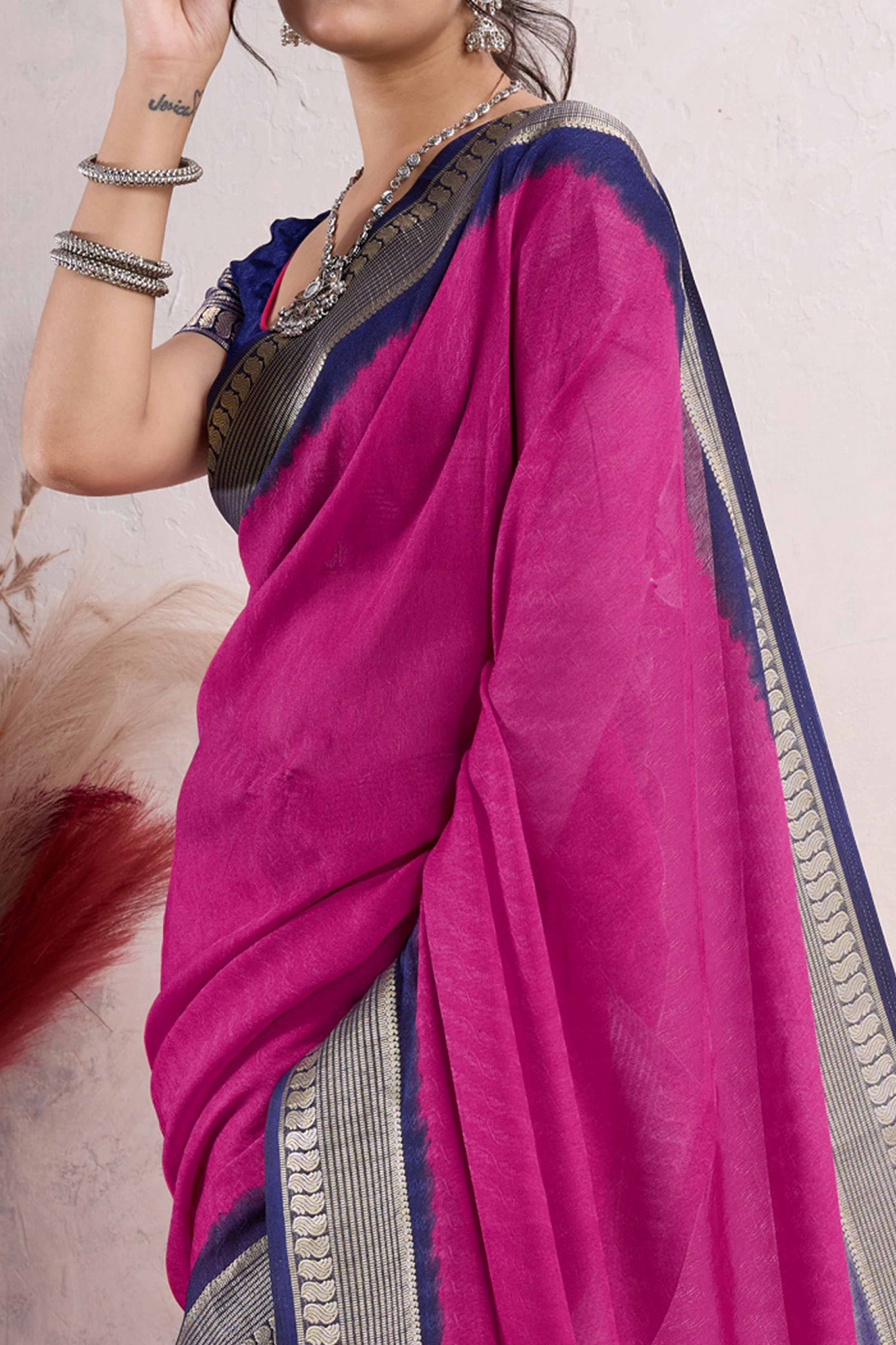 Magenta Printed Cotton Silk Saree With Jacquard Border - Image 2