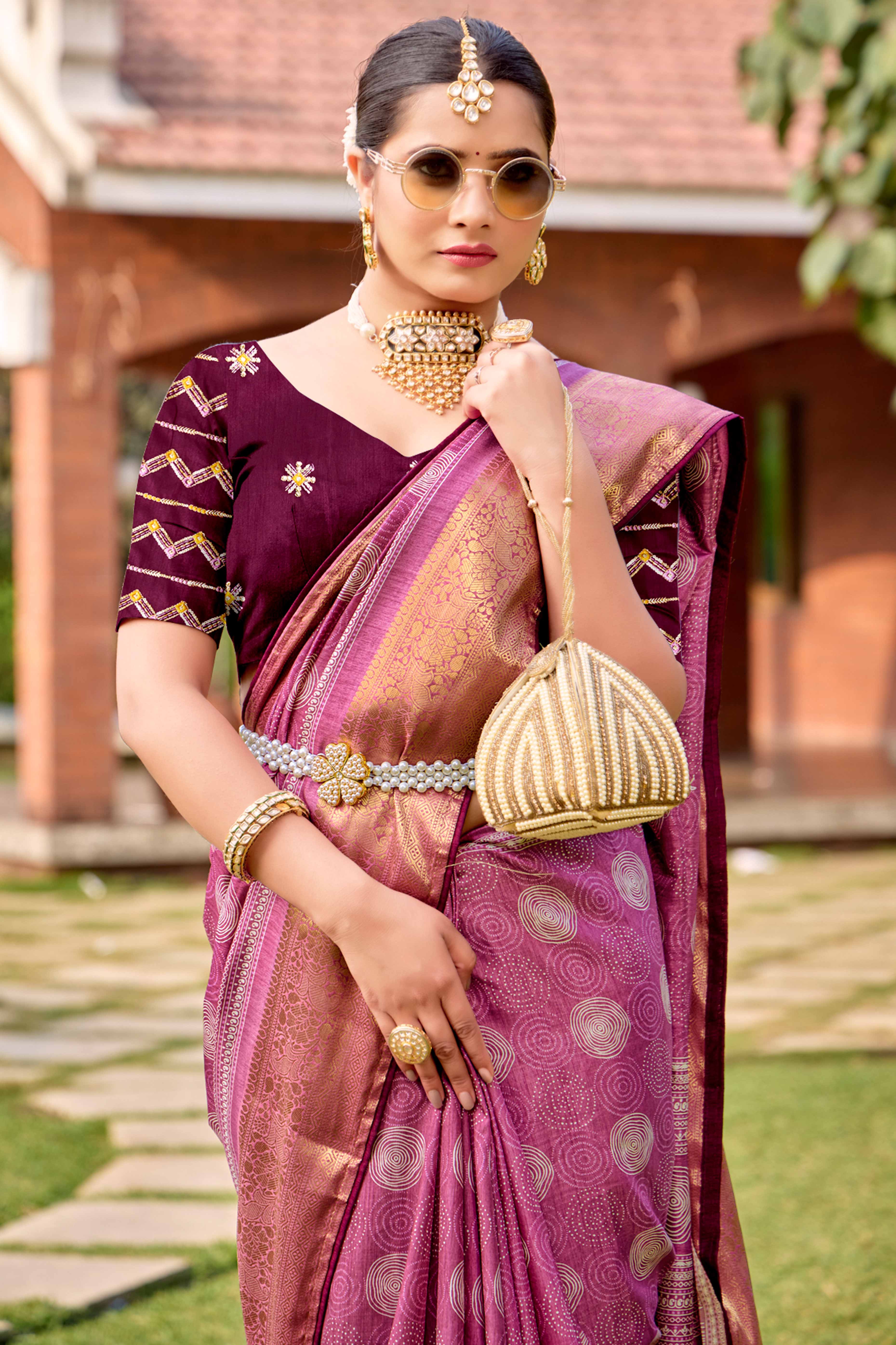 Pink Printed Dola Silk Saree With Ornate Zari Border & Tassel Pallu - Image 3
