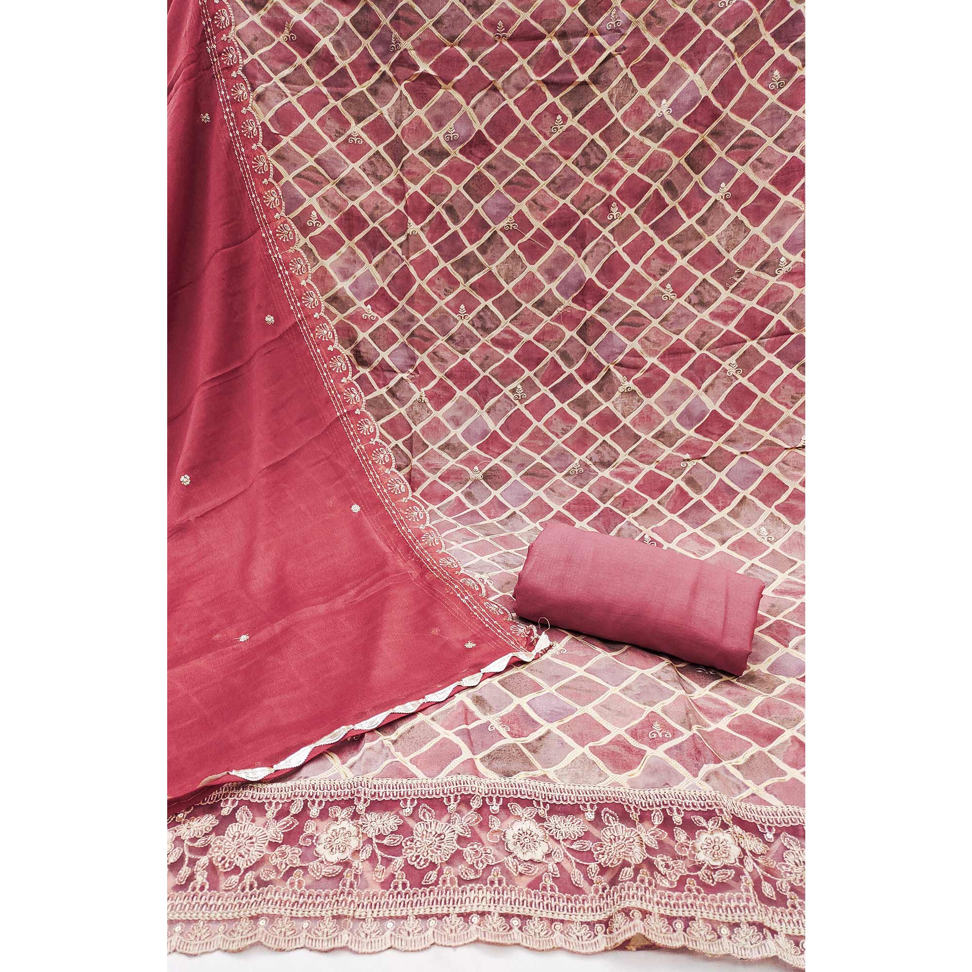 Pink Printed Dress Material In Pure Cotton With Intricate Sequins Embroidery Work - Image 4