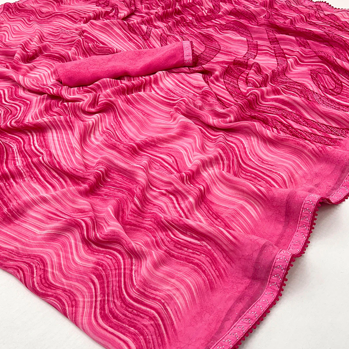 Pink Printed Georgette Saree With Fancy Lace Border - Image 2