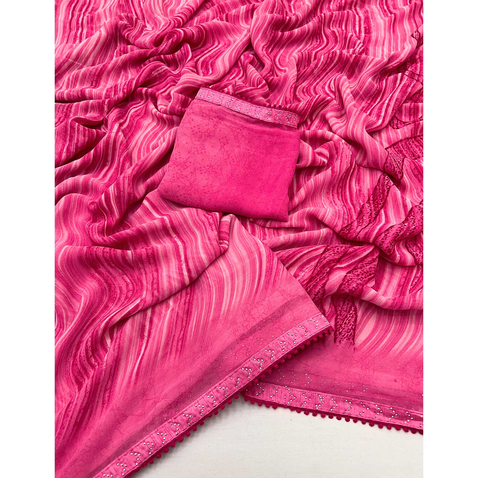 Pink Printed Georgette Saree With Fancy Lace Border - Image 3