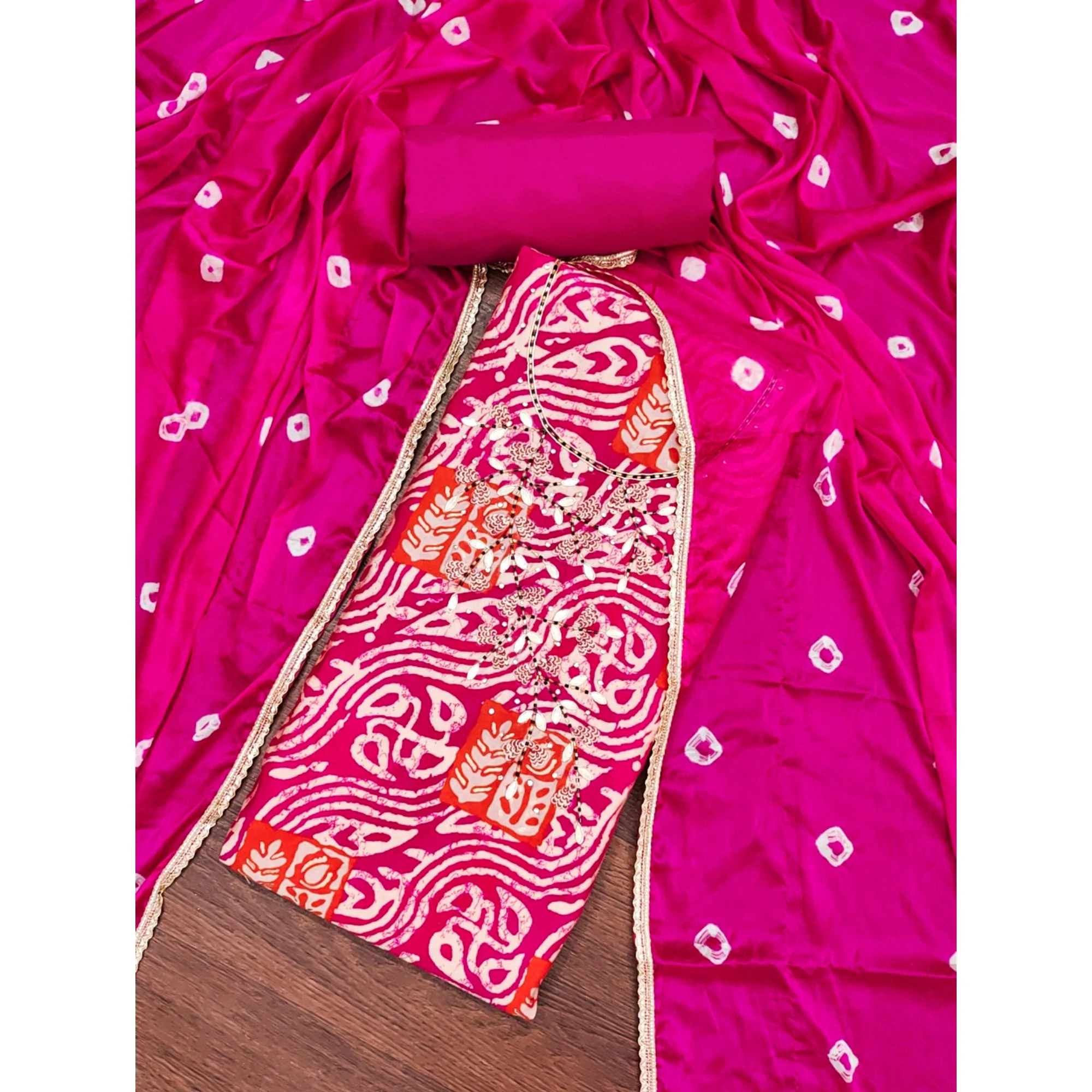 Pink Printed With Handwork Cotton Silk Dress Material - Image 3