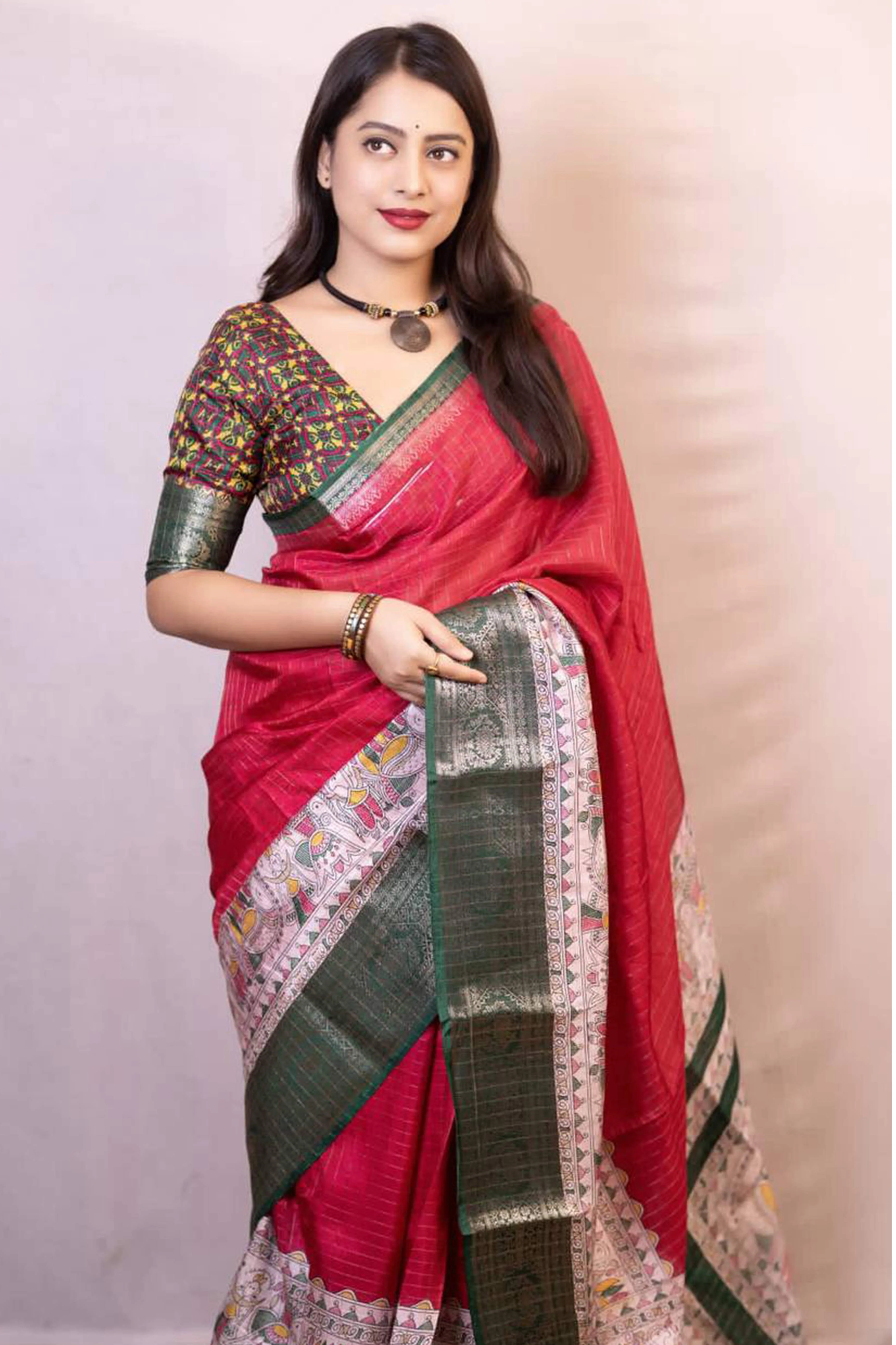 Pink Printed With Zari Checks Dola Silk Saree - Image 4