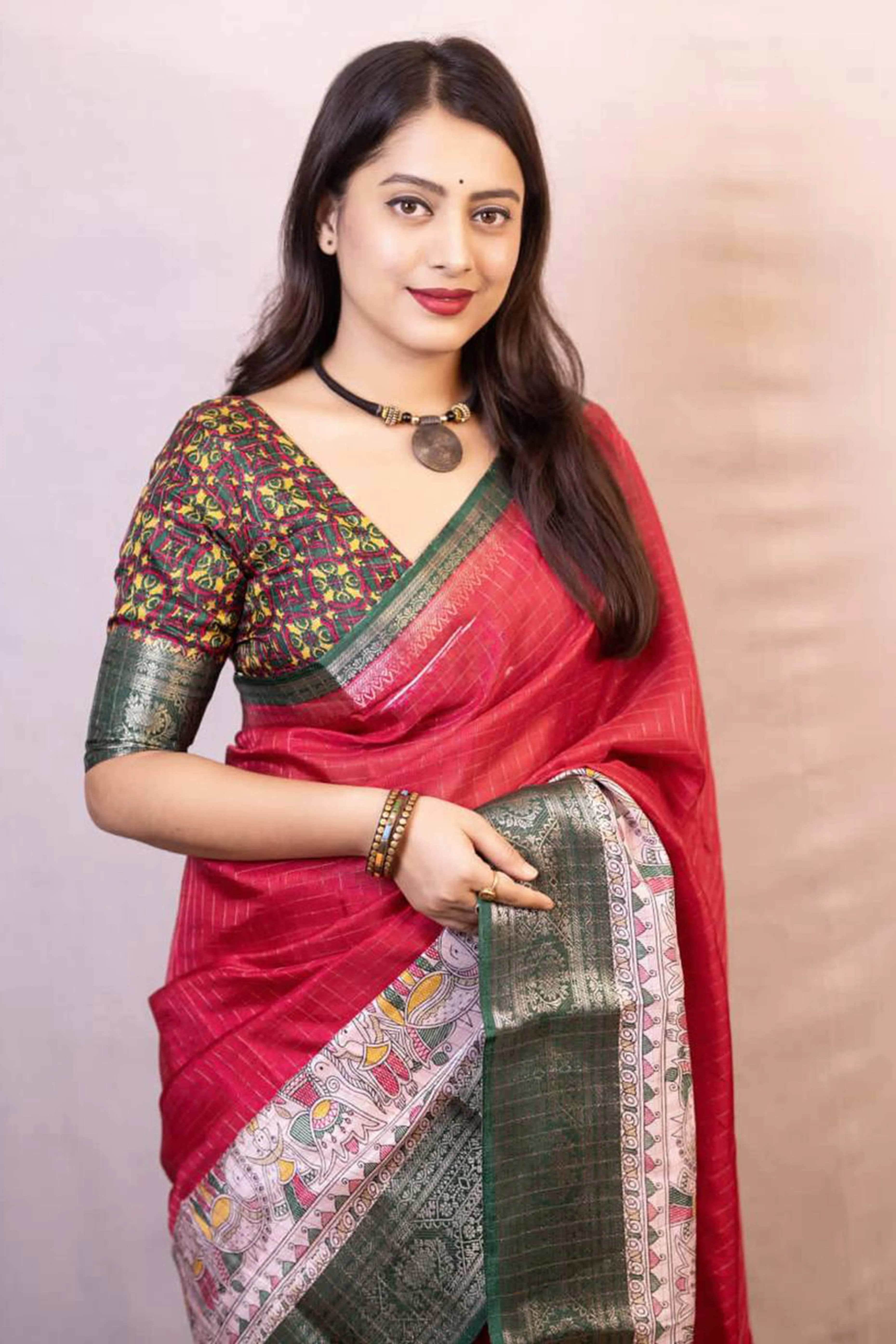 Pink Printed With Zari Checks Dola Silk Saree - Image 5