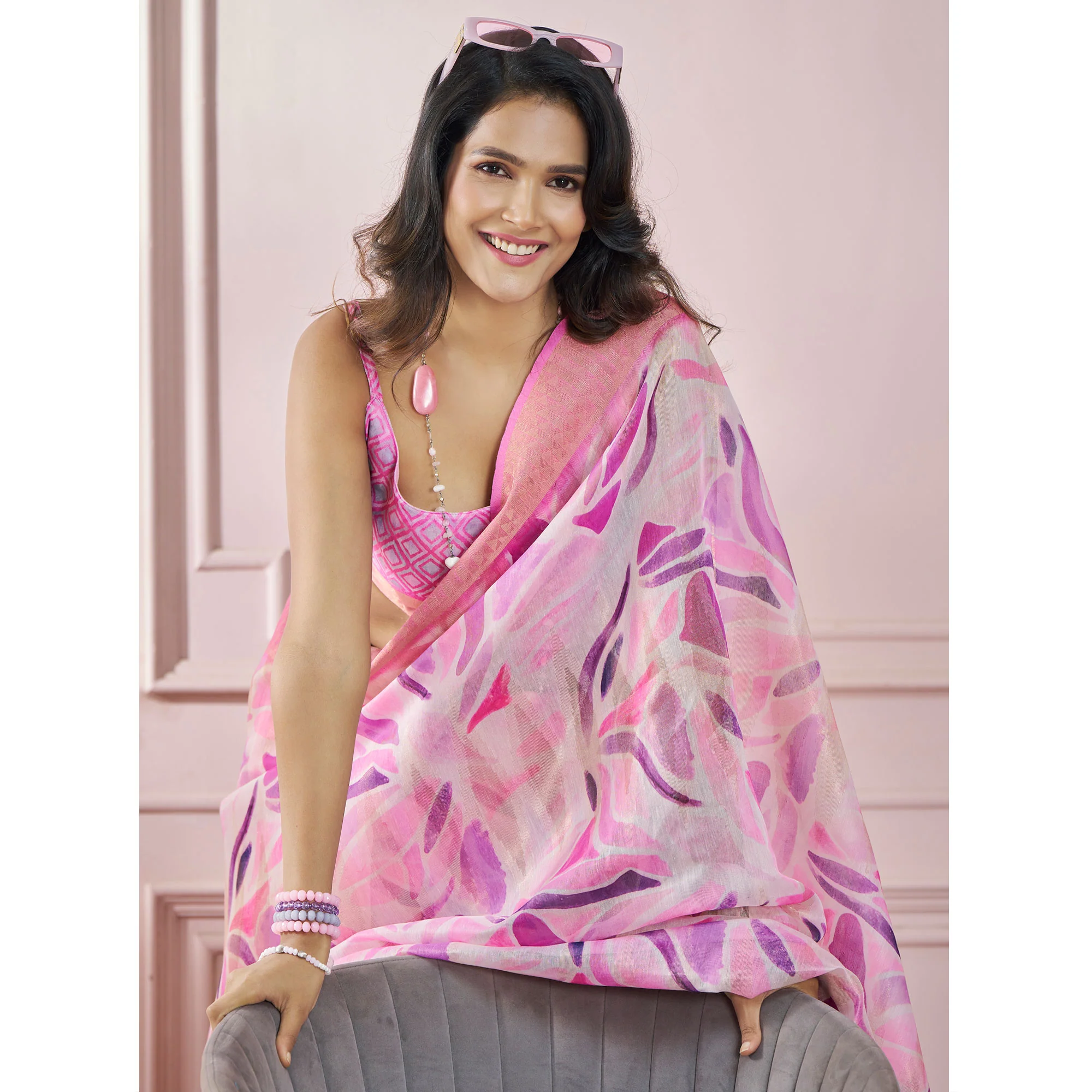 Pink Printed Woven Soft Banarasi Silk Saree - Image 5