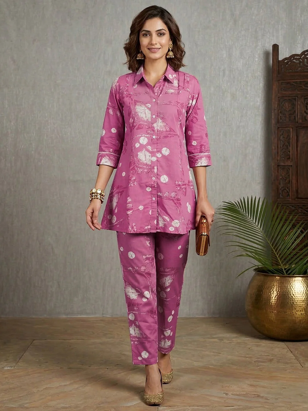 Pink Pure Cotton Co-Ord Set with Modern Abstract Print Pattern