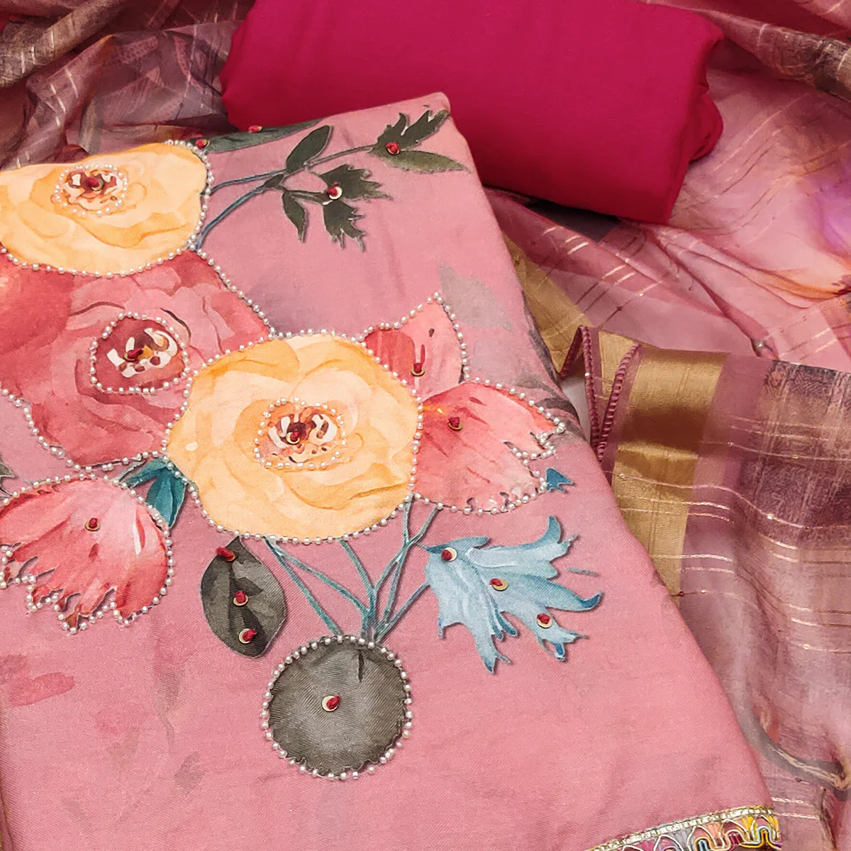 Pink Pure Cotton Dress Material With Floral Digital Print & Fine Handwork - Image 2