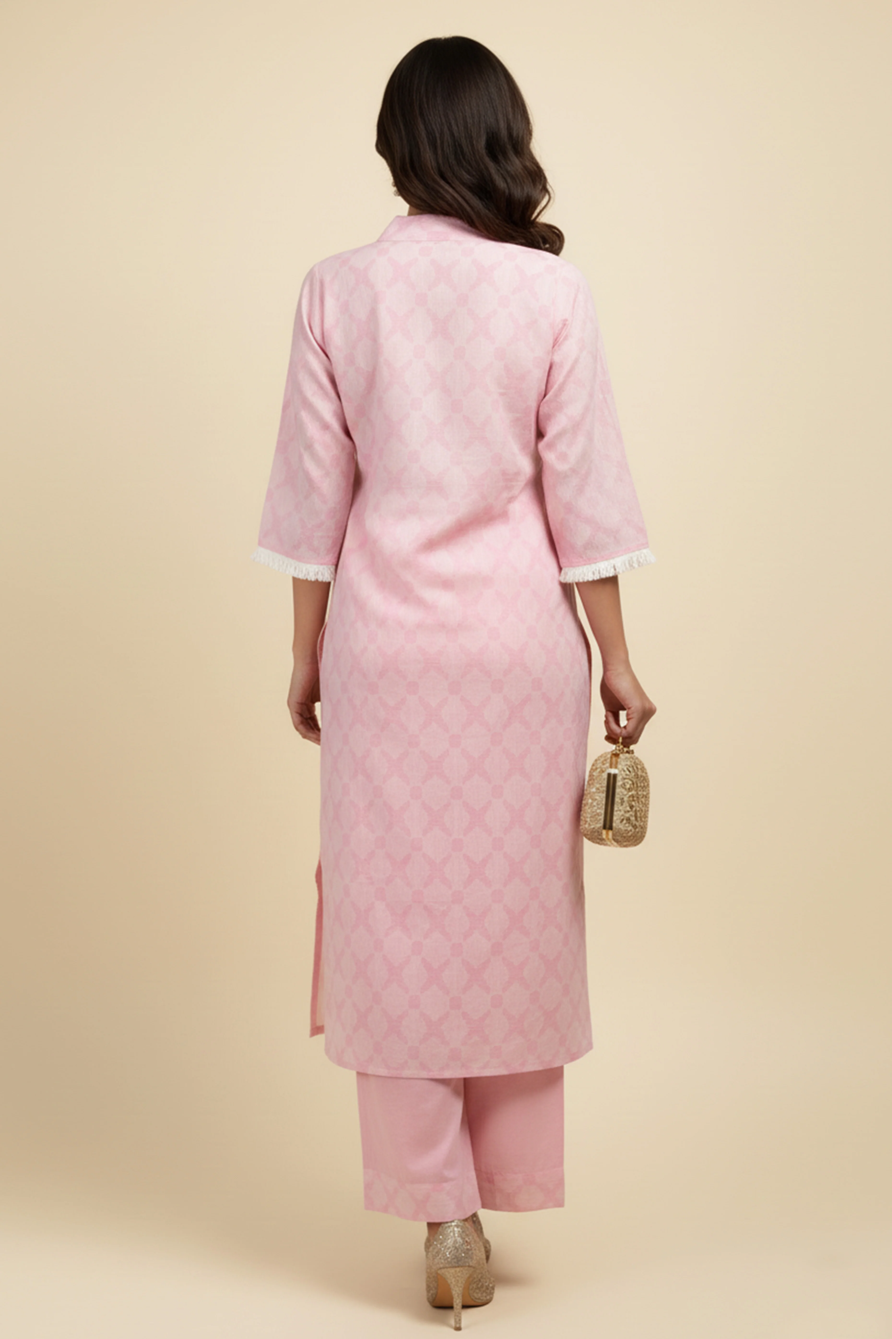 Pink Pure Cotton Two-Piece Set with Embroidered Yoke and Contemporary Print - Image 3
